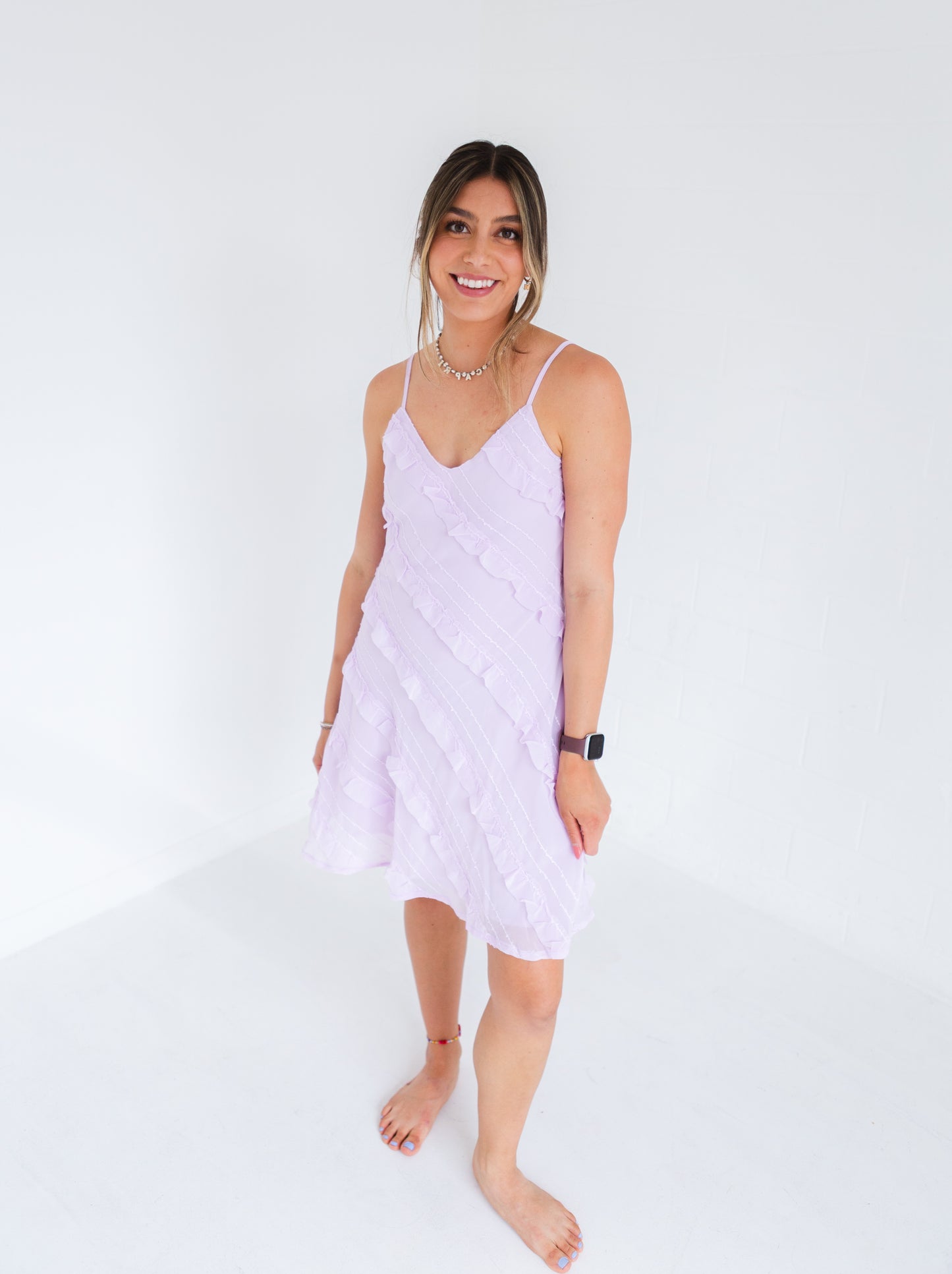 Pale Lilac Textured Bias Cut Ruffled Mini Dress