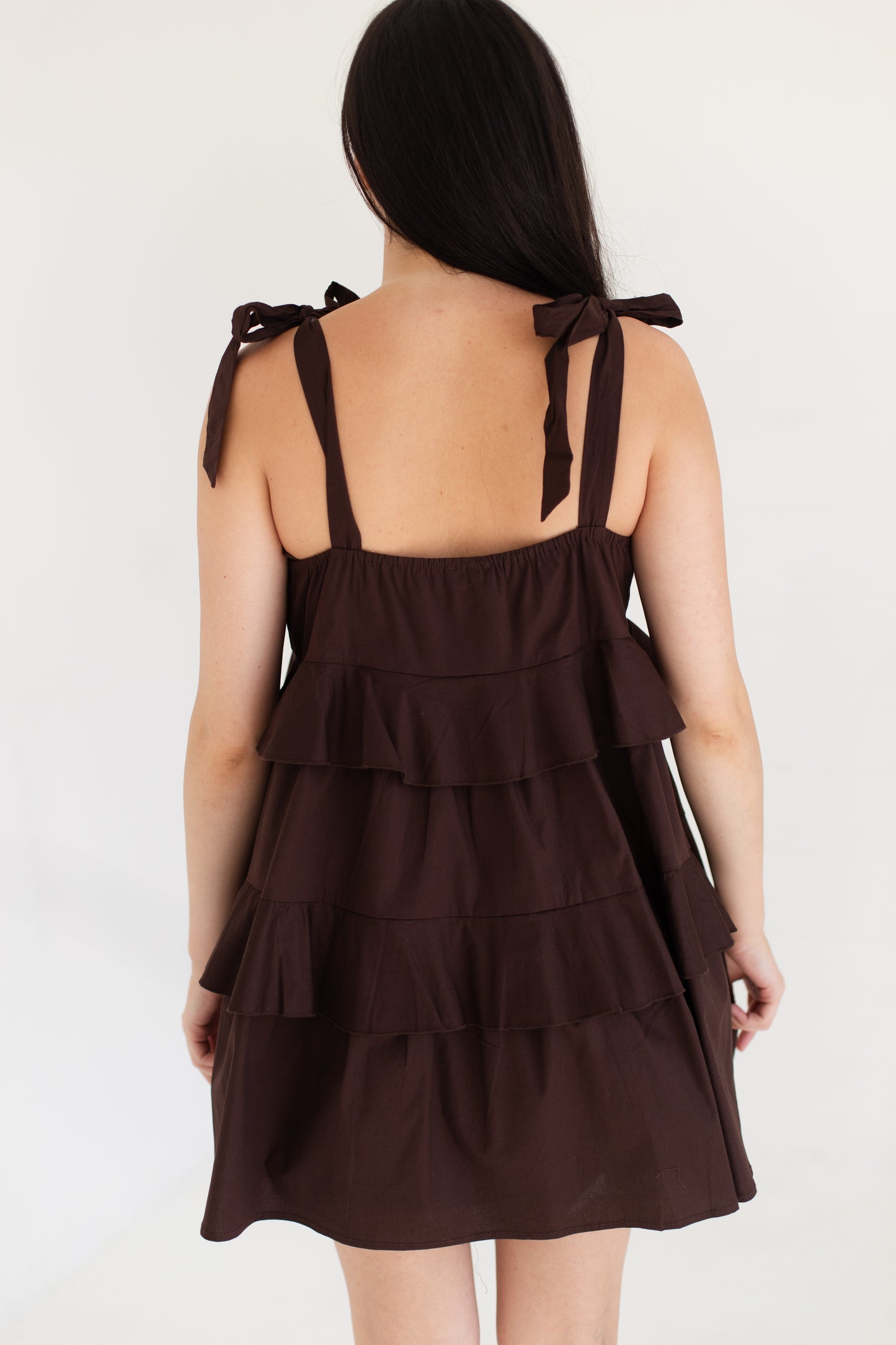 Dark Brown Ruffle Detail Flowing Sleeveless Mini Dress