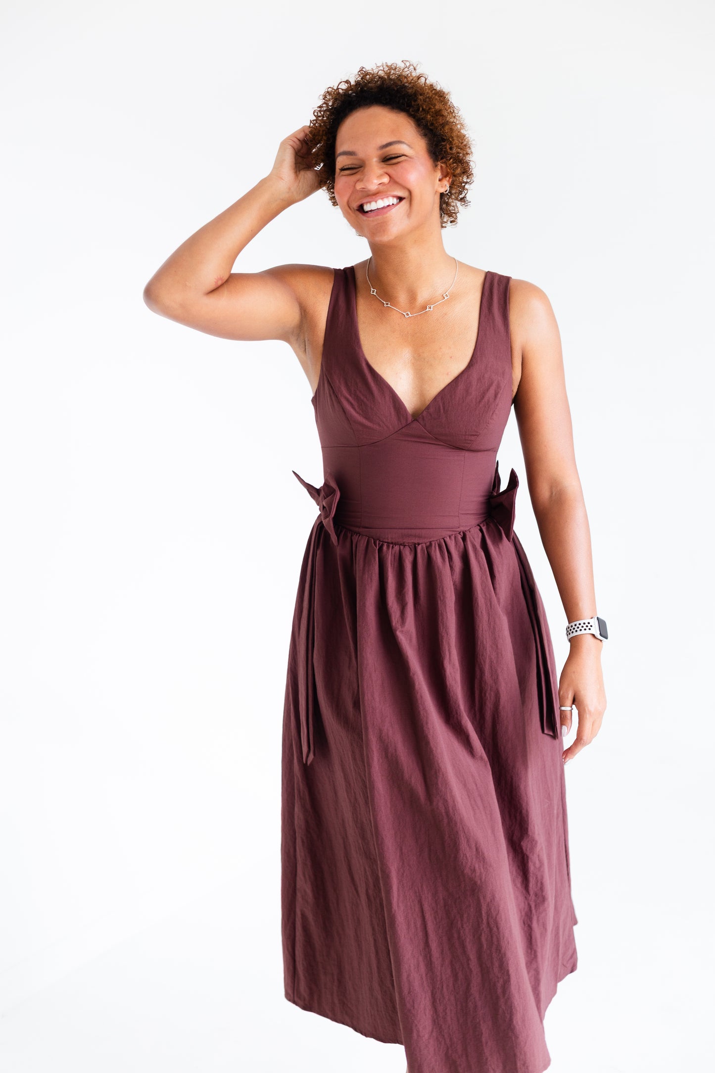 Brown Bow Detail Midi Dress