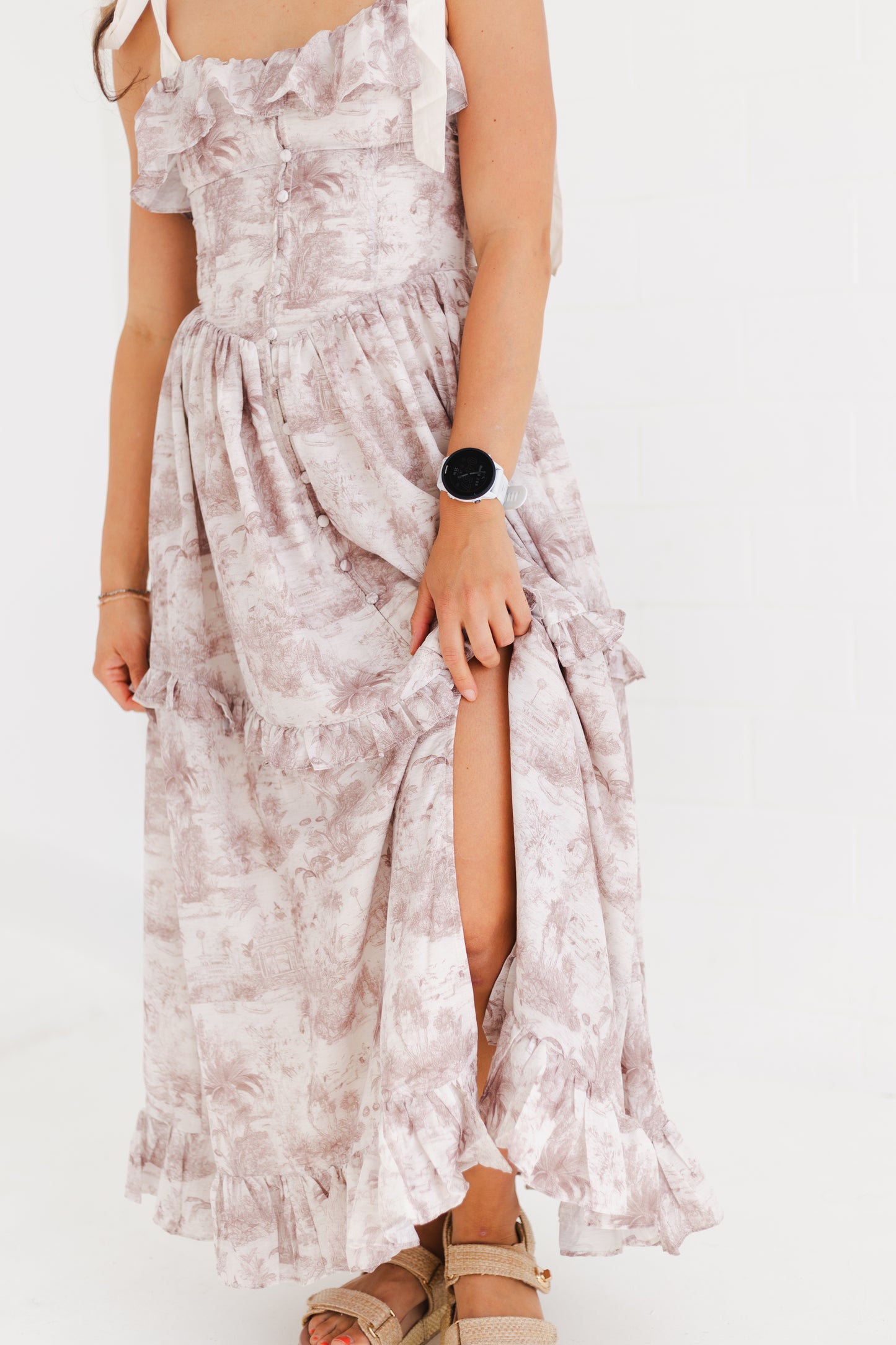 Brown Printed Linen Contrast Shoulder Strap Midi Dress