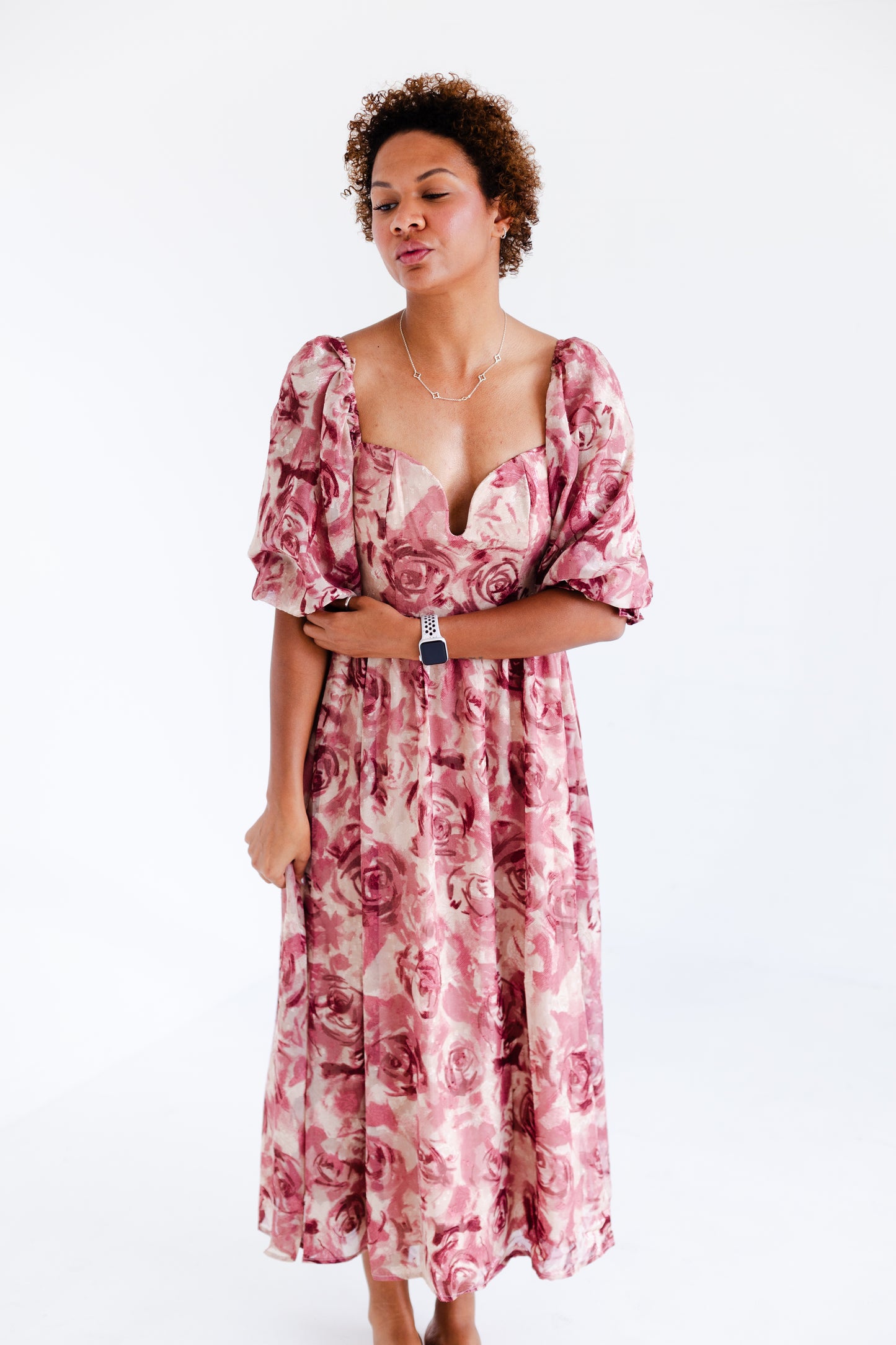 Beige Mauve Floral Textured Jacquared Midi Dress