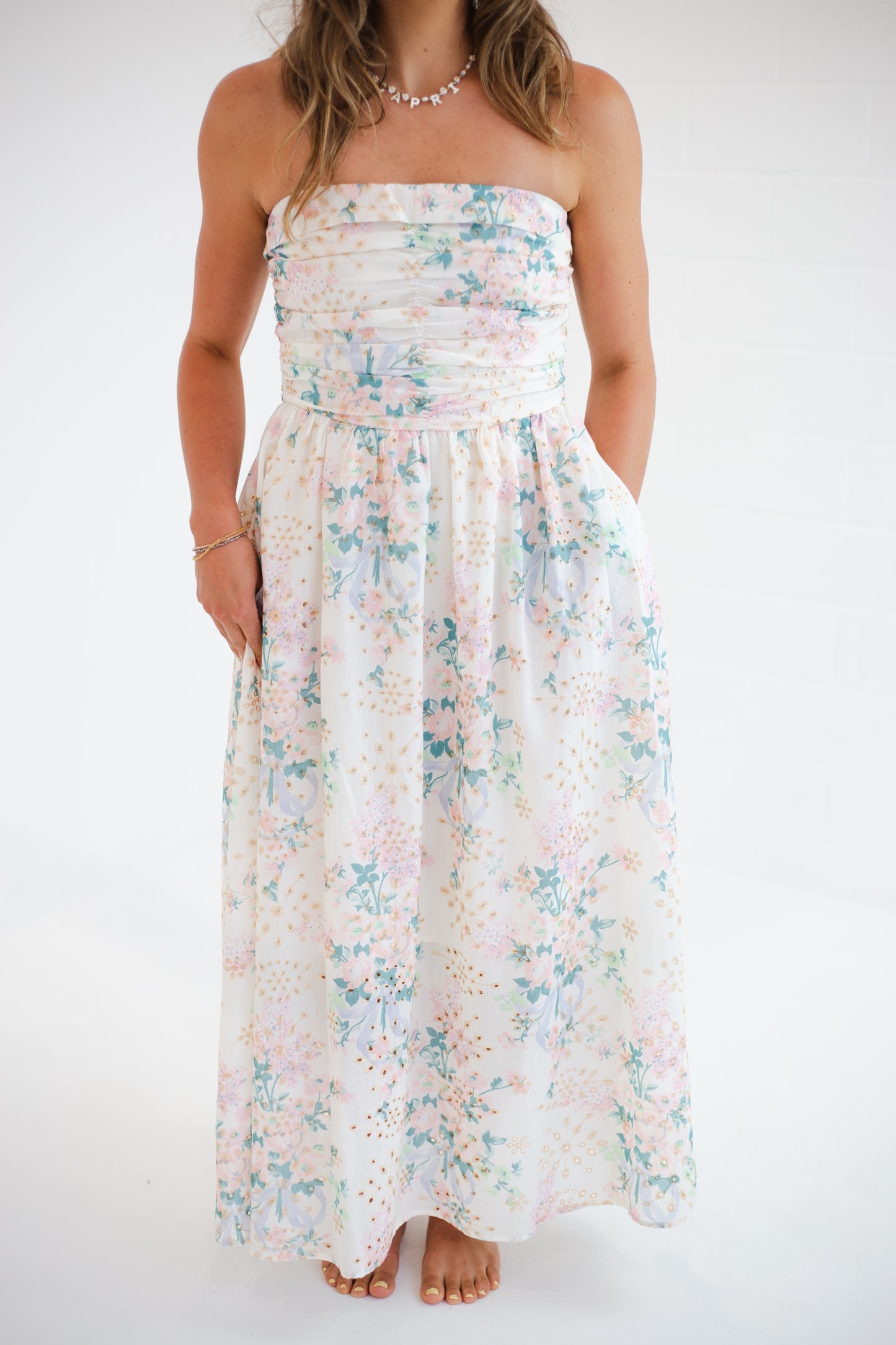 Spring Bloom Floral Lace Runched Maxi Tube Dress