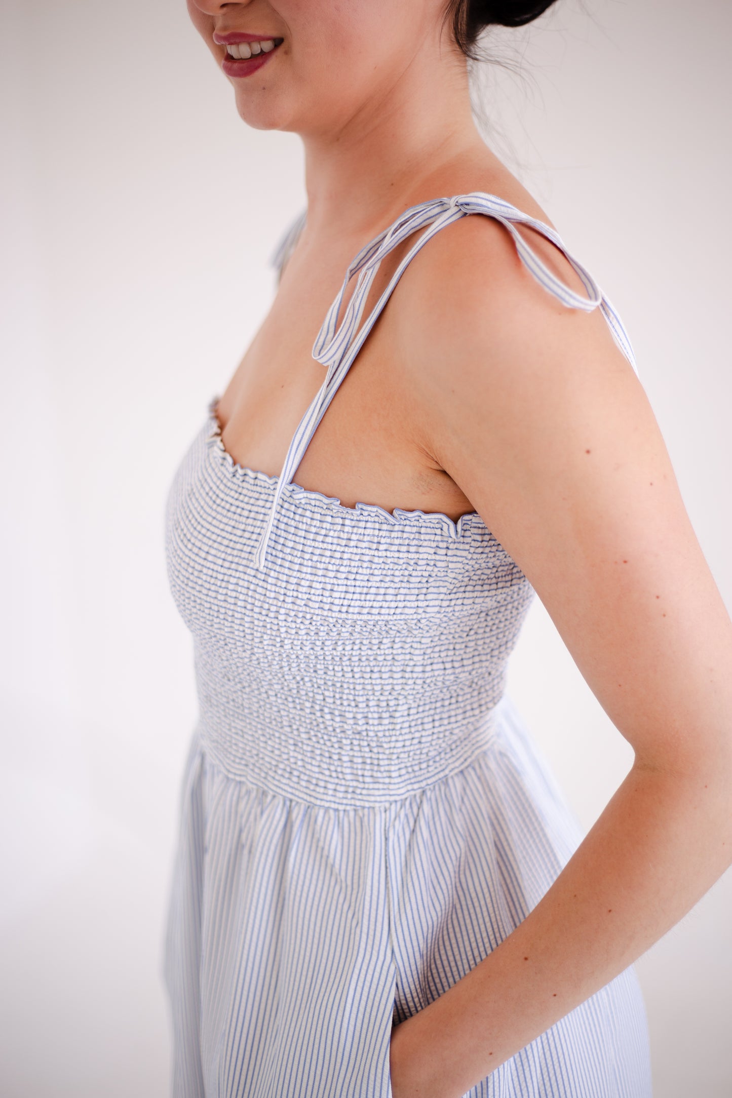 Blue & White Striped Self Tie Shoulder Straps Maxi Dress