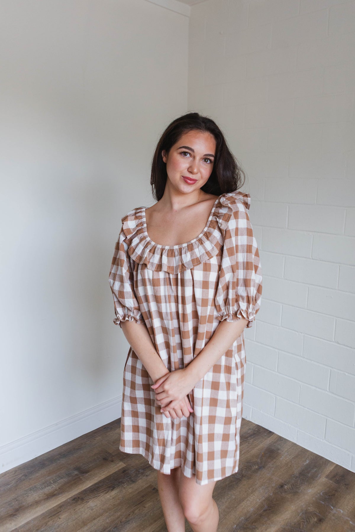 Mocha & White Gingham Ruffled Mini Dress