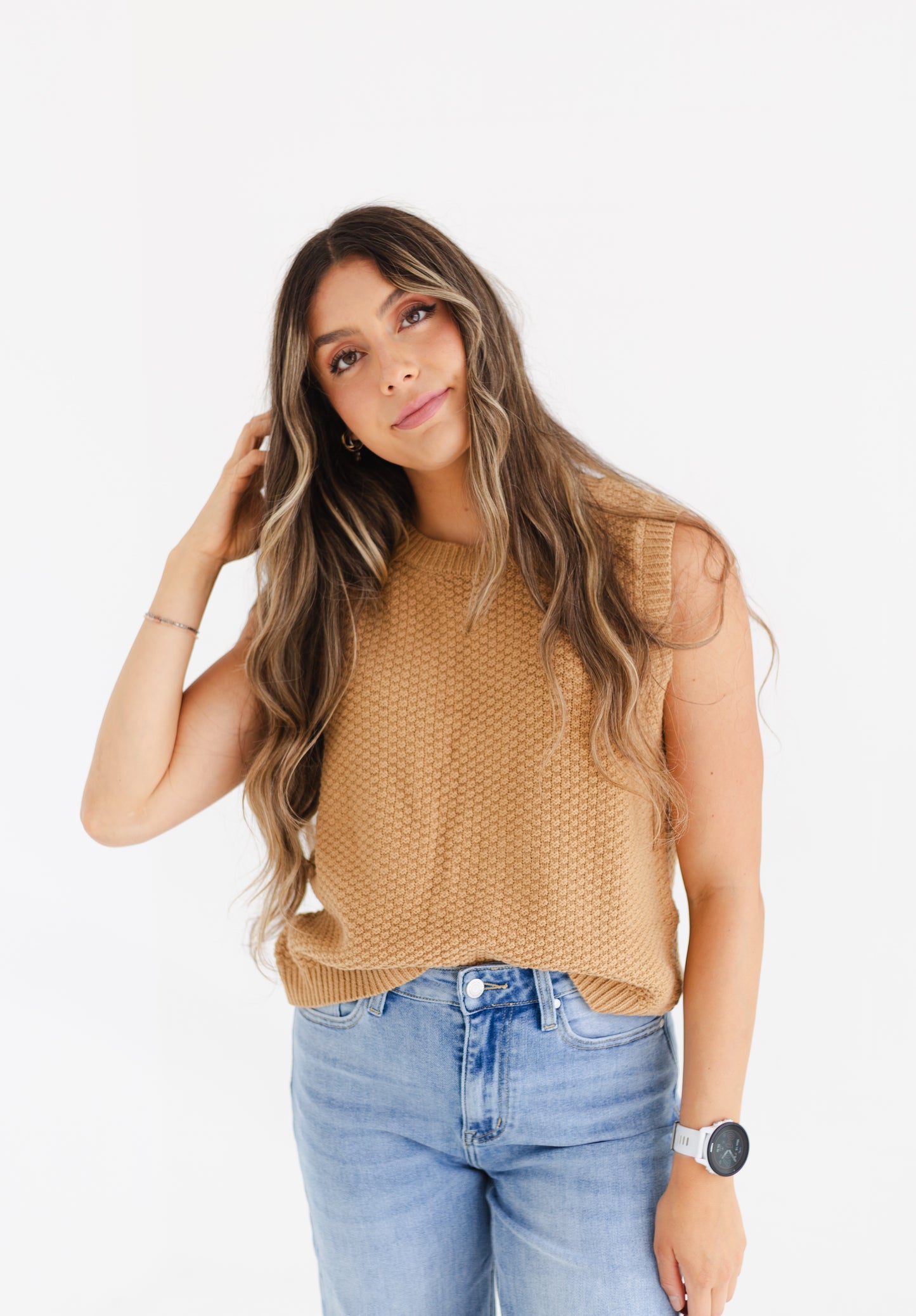 Caramel Textured Self Back Ties Sweater Vest