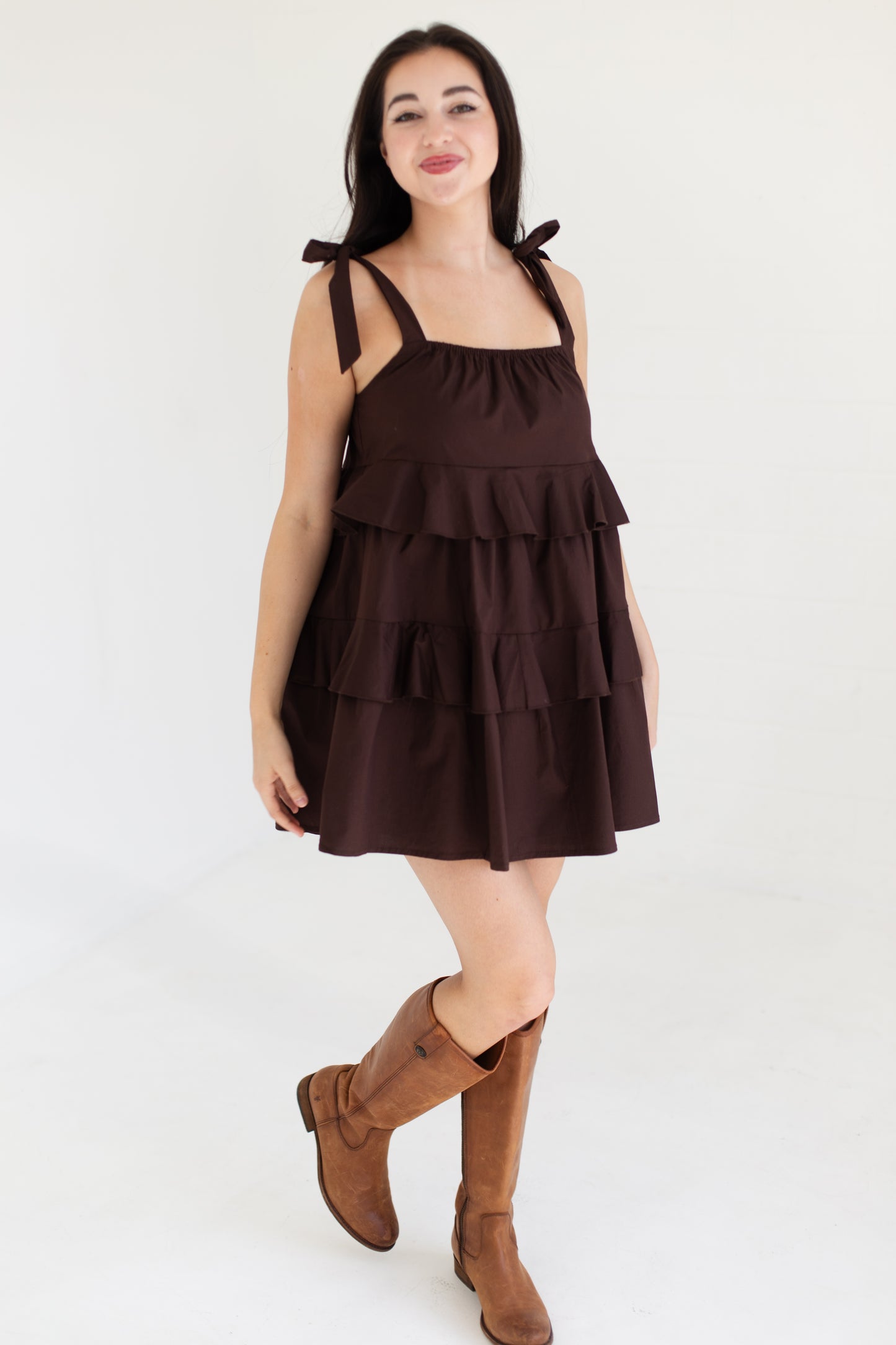 Dark Brown Ruffle Detail Flowing Sleeveless Mini Dress