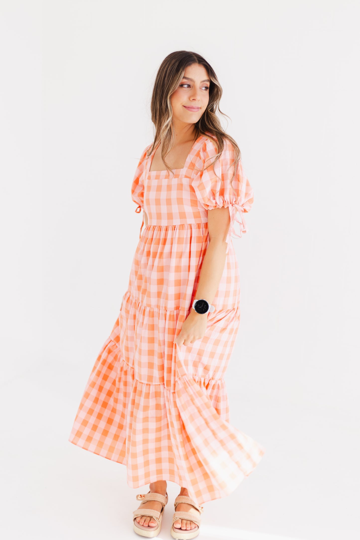 Salmon Check Patterned Puff Sleeve Maxi Dress