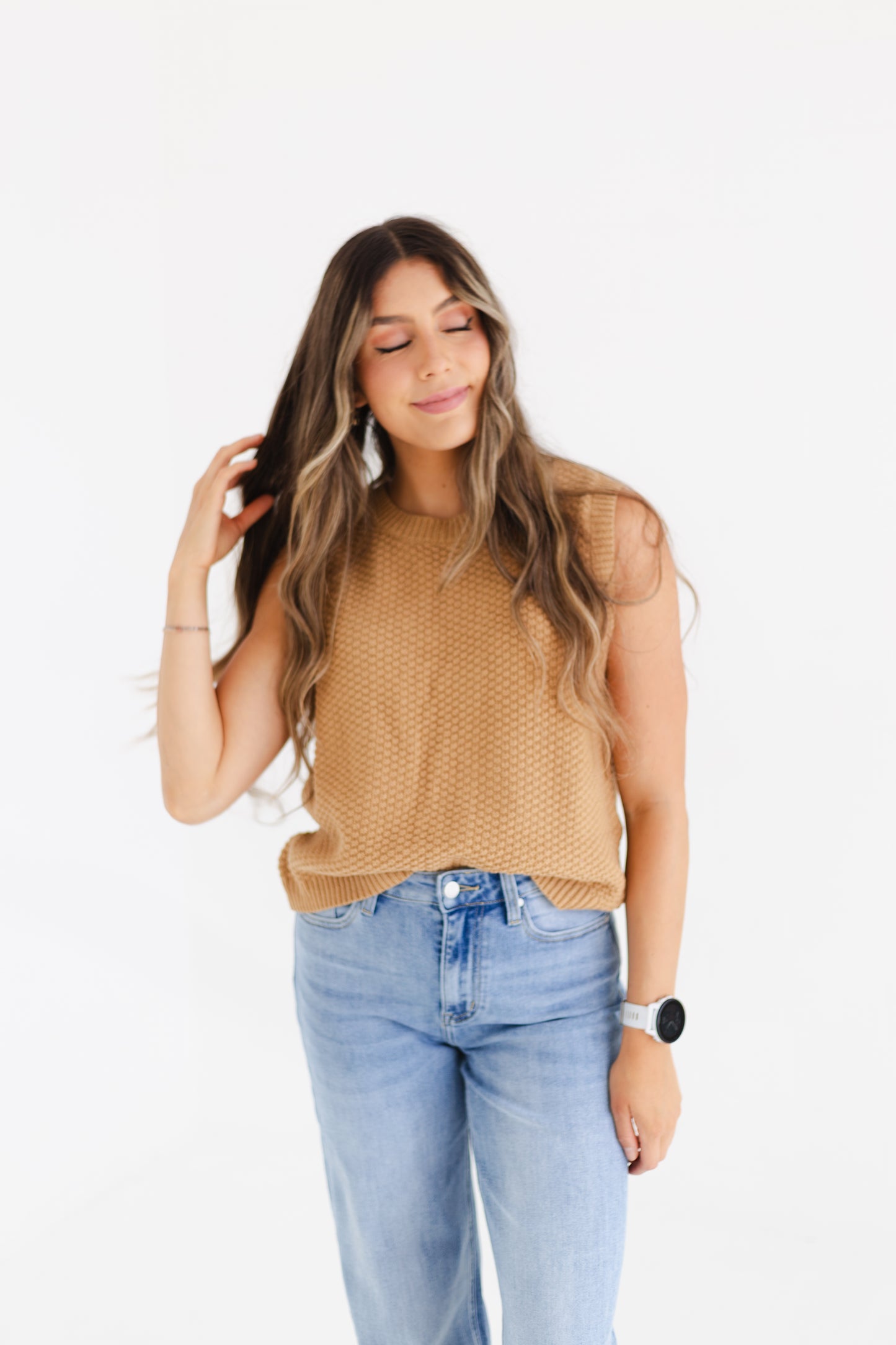 Caramel Textured Self Back Ties Sweater Vest