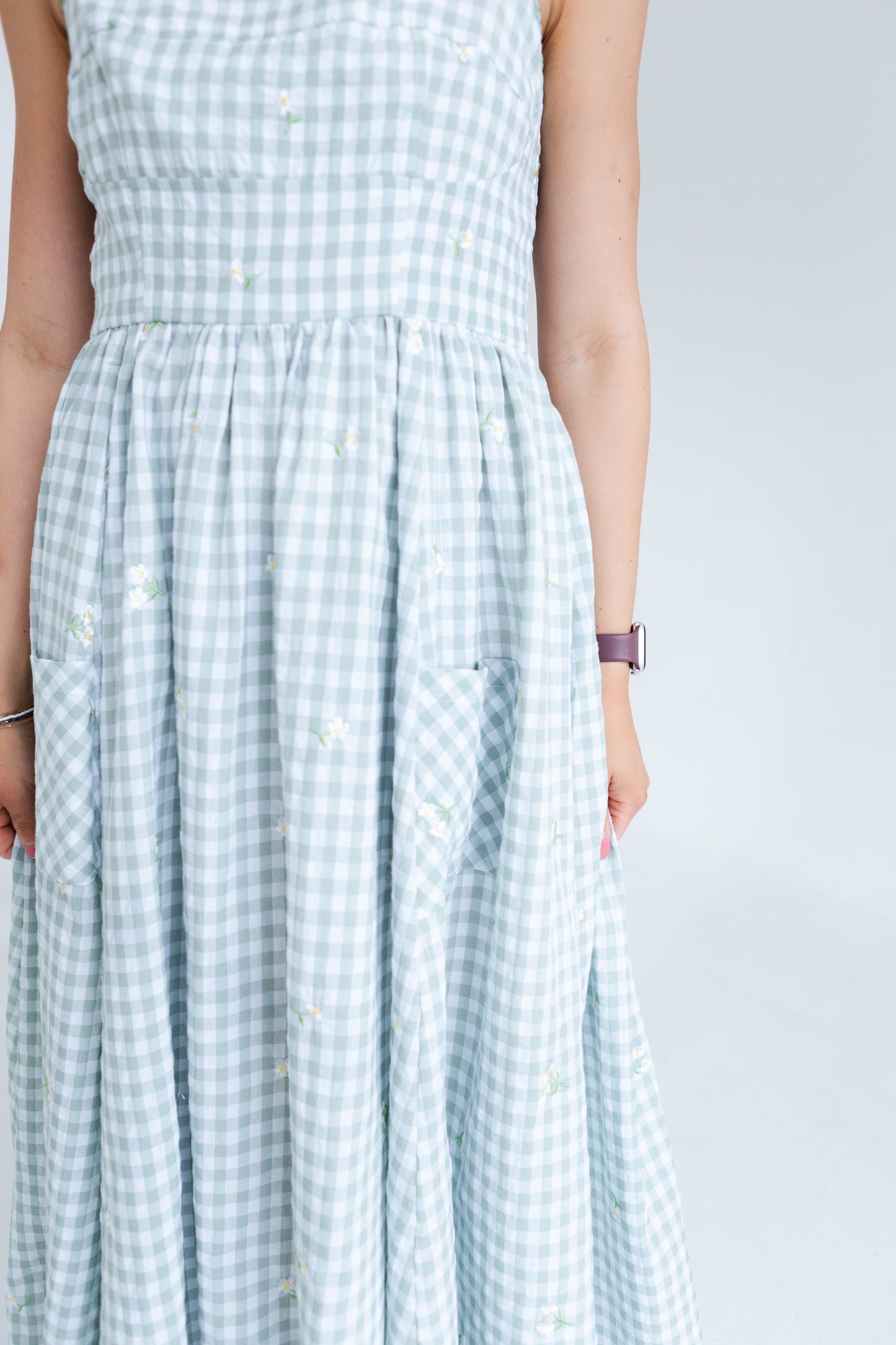 Green Gingham Floral Embroidered Midi Dress
