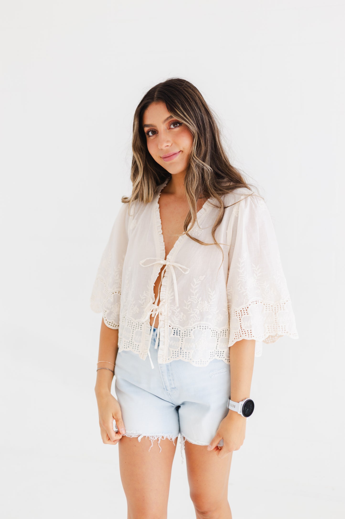 Ivory Floral Embroidery Tie Front Blouse