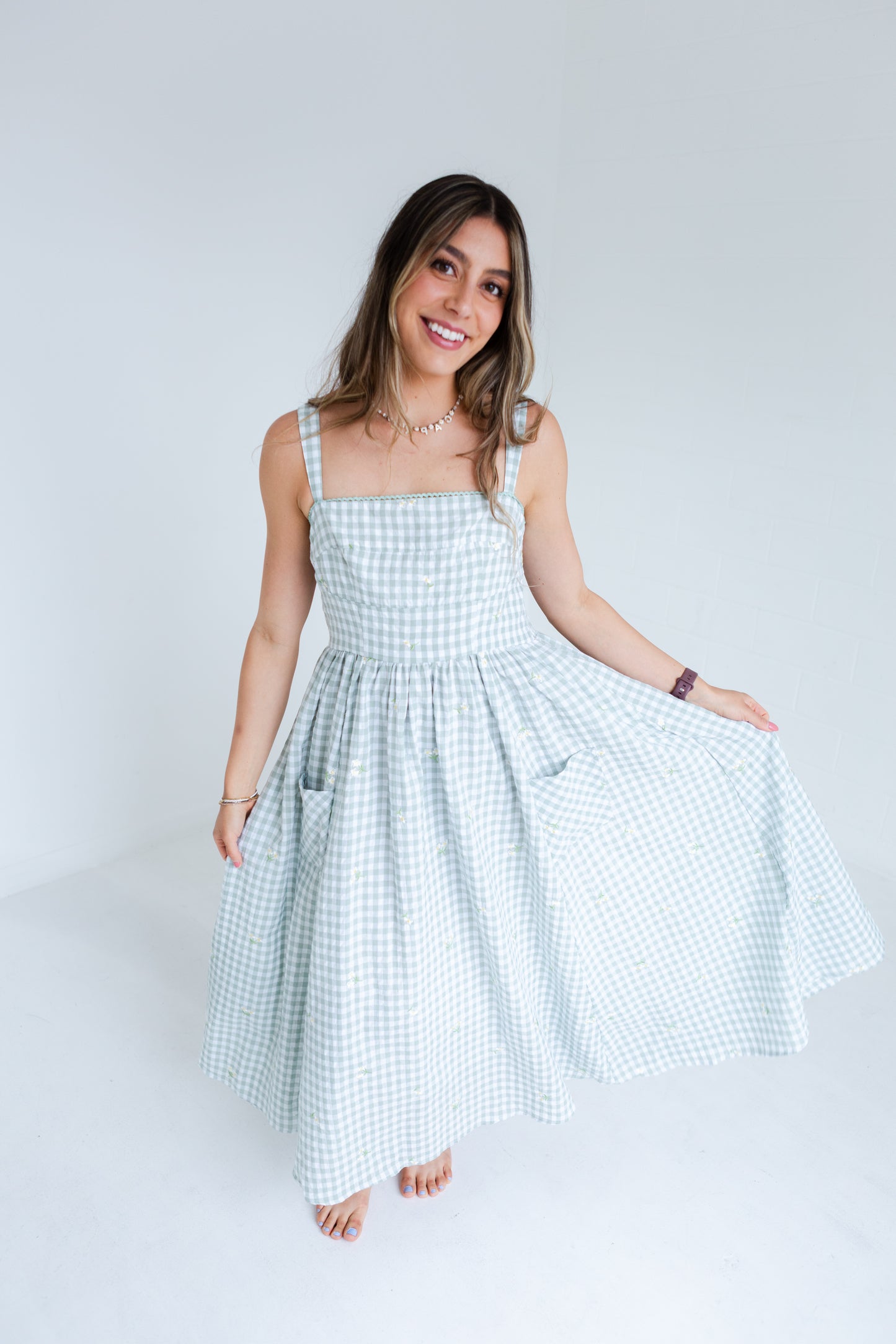 Green Gingham Floral Embroidered Midi Dress