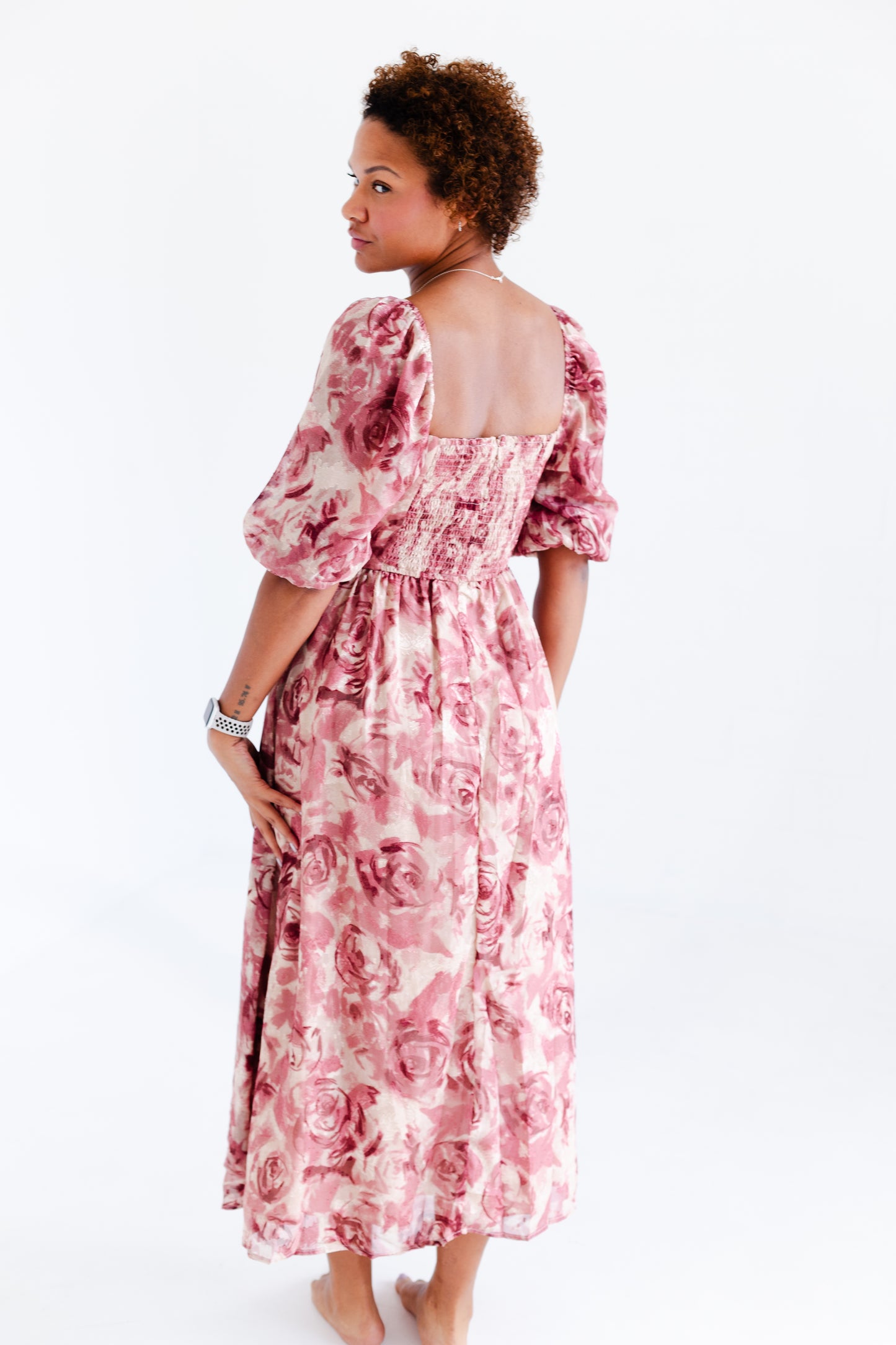 Beige Mauve Floral Textured Jacquared Midi Dress