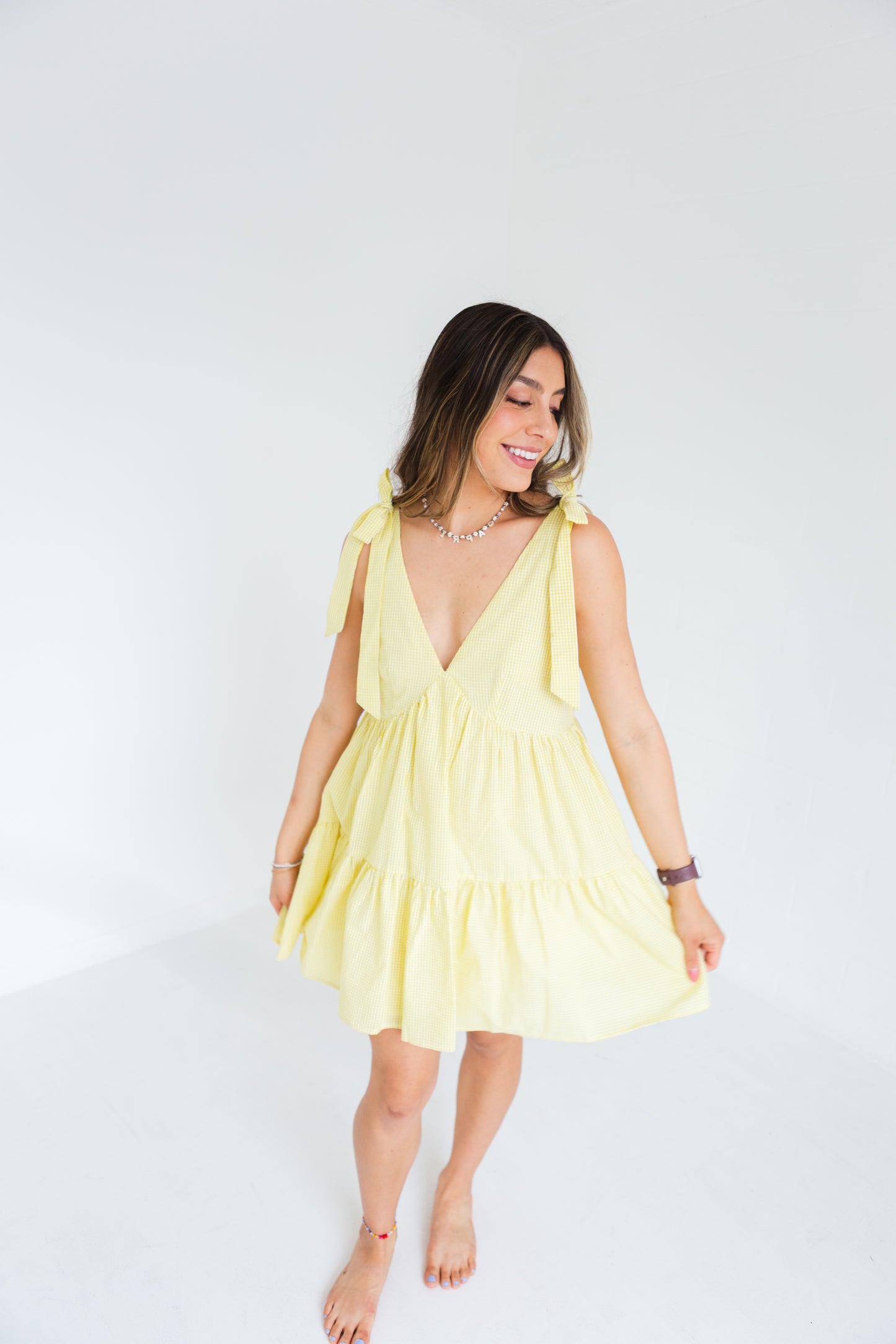 Yellow & White Gingham Tie Shoulder Strap Tiered Gingham Mini Dress
