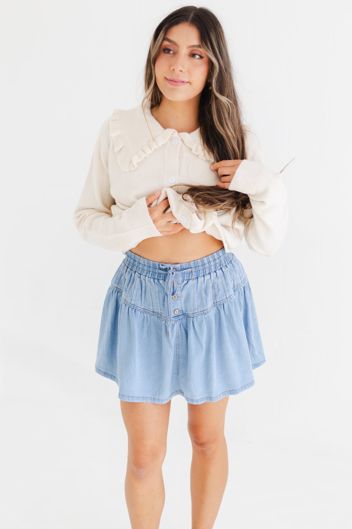 Light Denim Stretch Soft Denim Pintuck Detail Flare Mini Skirt