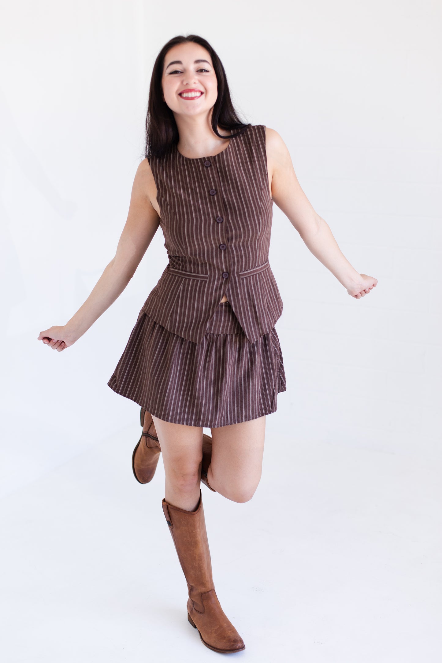 Brown Stripe Round Neck Vest With Mini Skirt Set