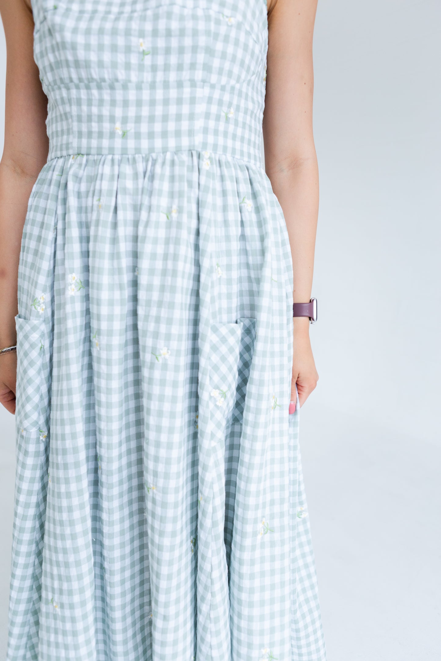 Green Gingham Floral Embroidered Midi Dress