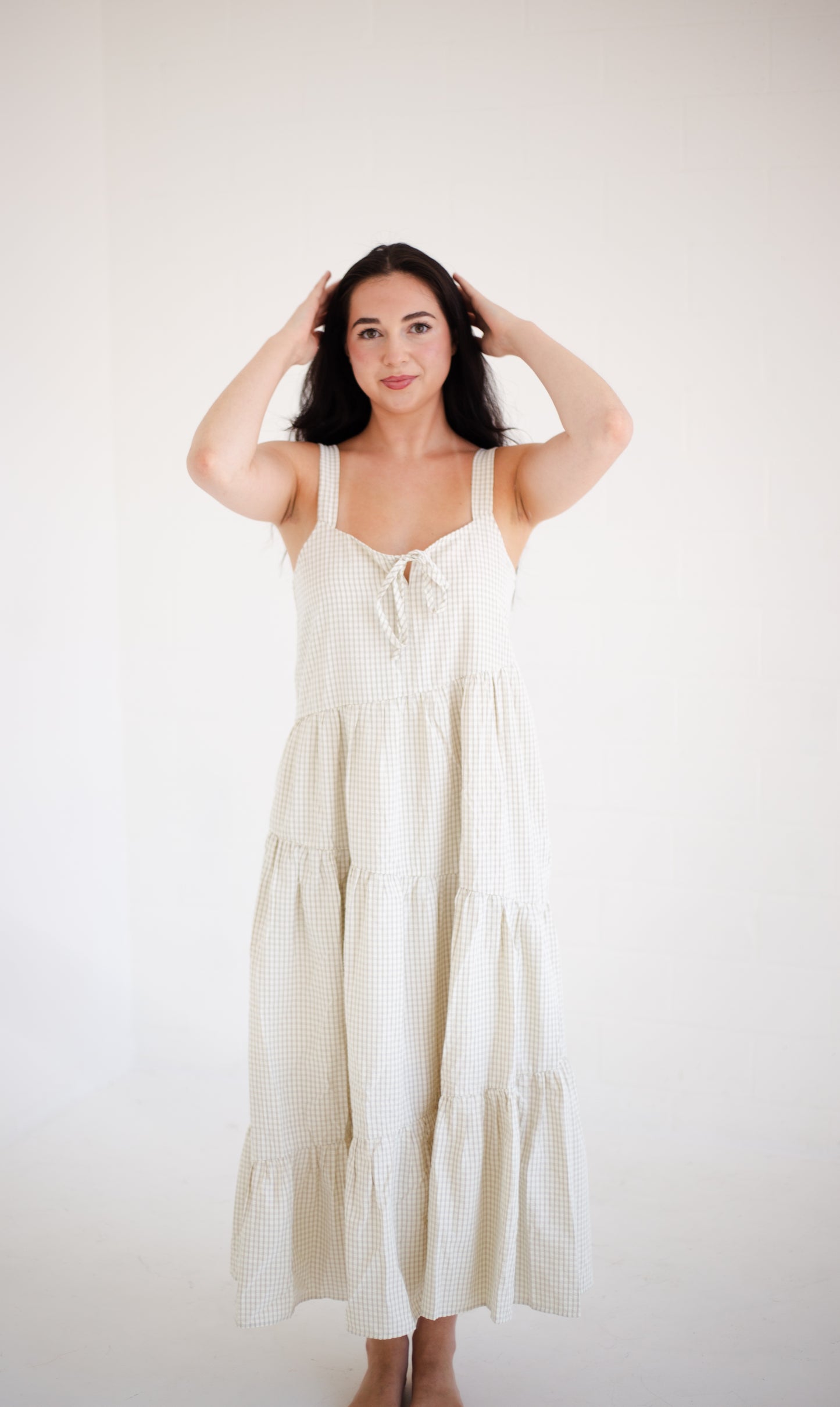Taupe & Cream Plaid Asymmetrical Tiered Midi Dress