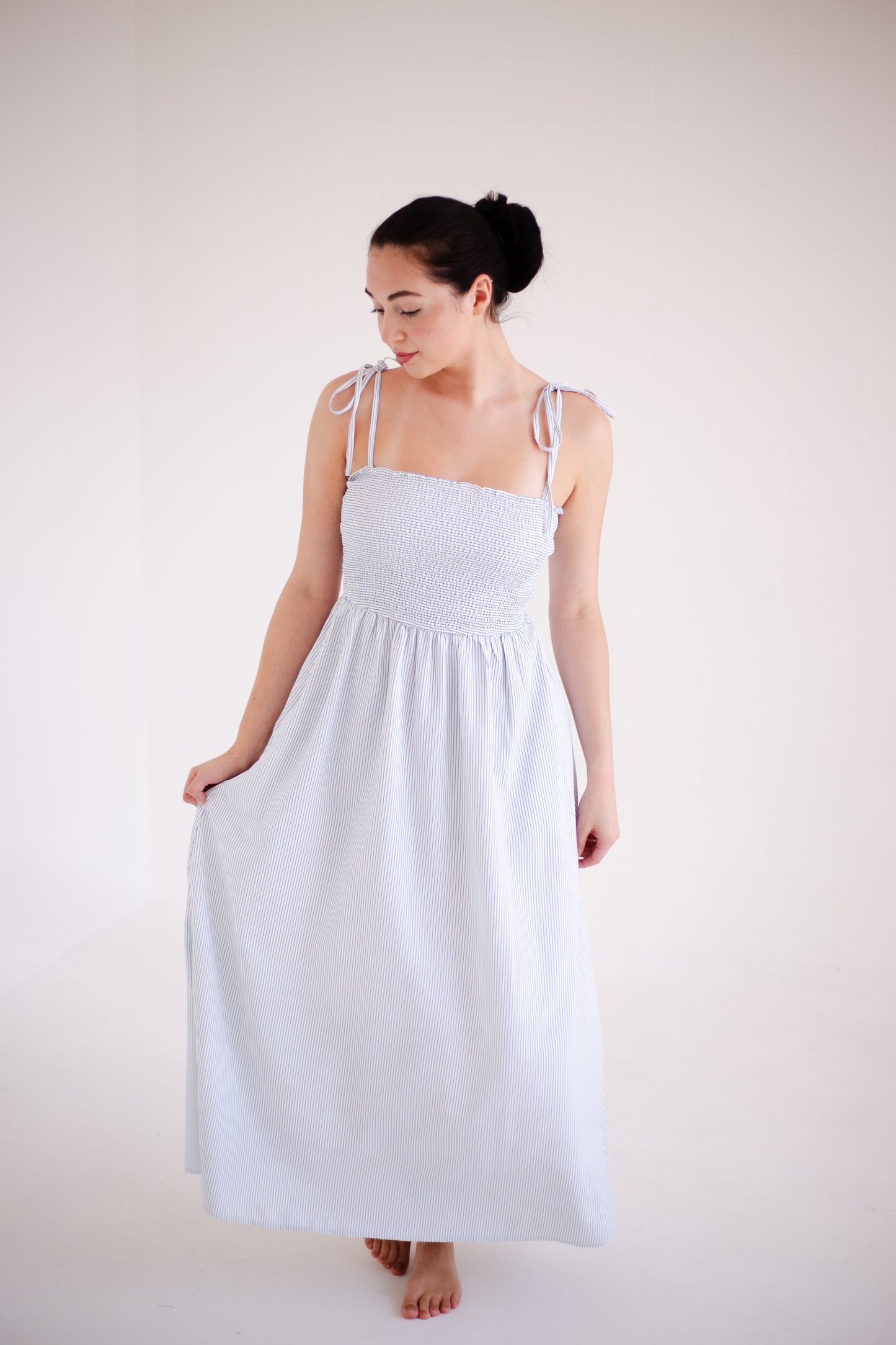 Blue & White Striped Self Tie Shoulder Straps Maxi Dress