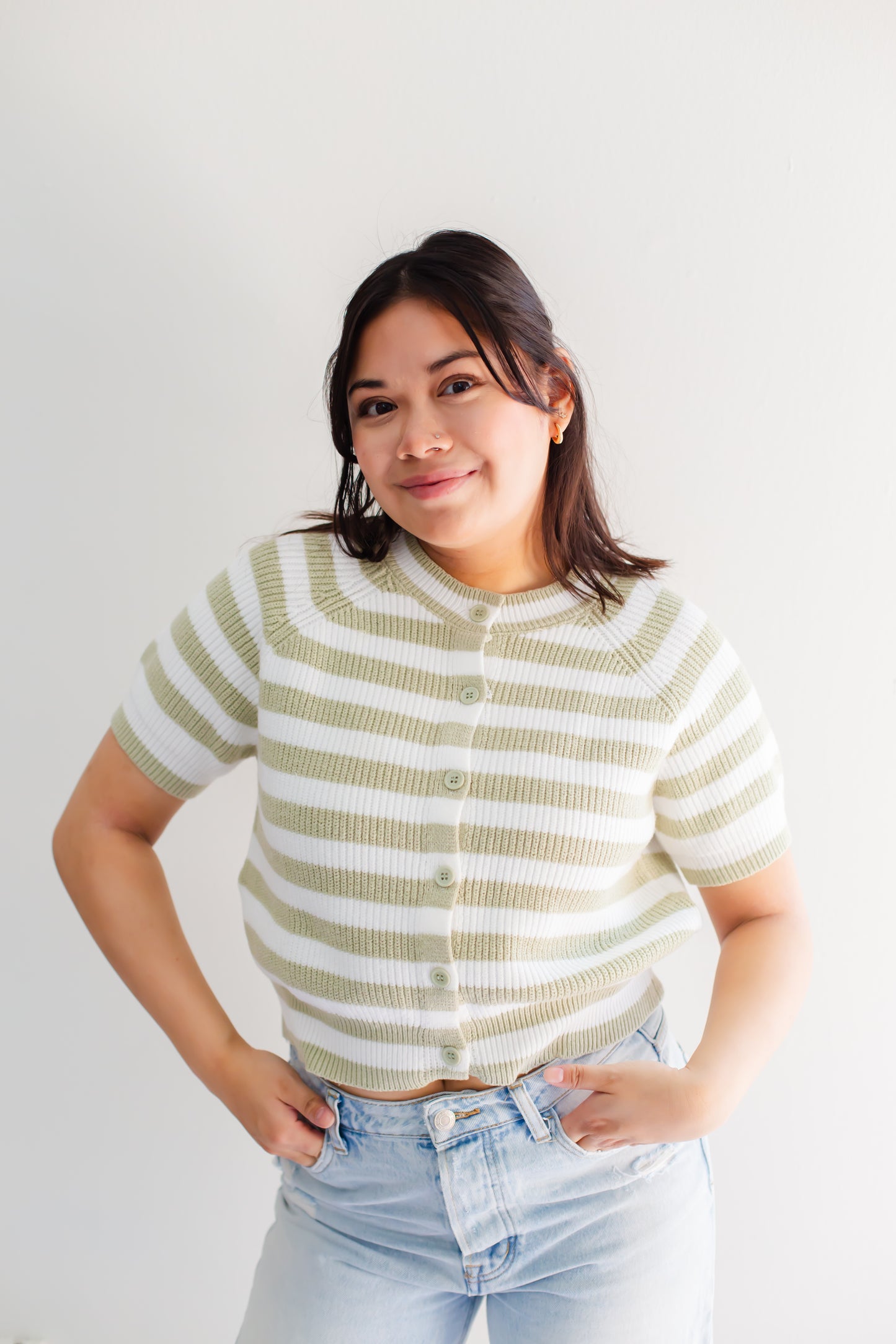 Raglan Short Sleeve Crew Neck Sage & White Stripped Boxy Sweater