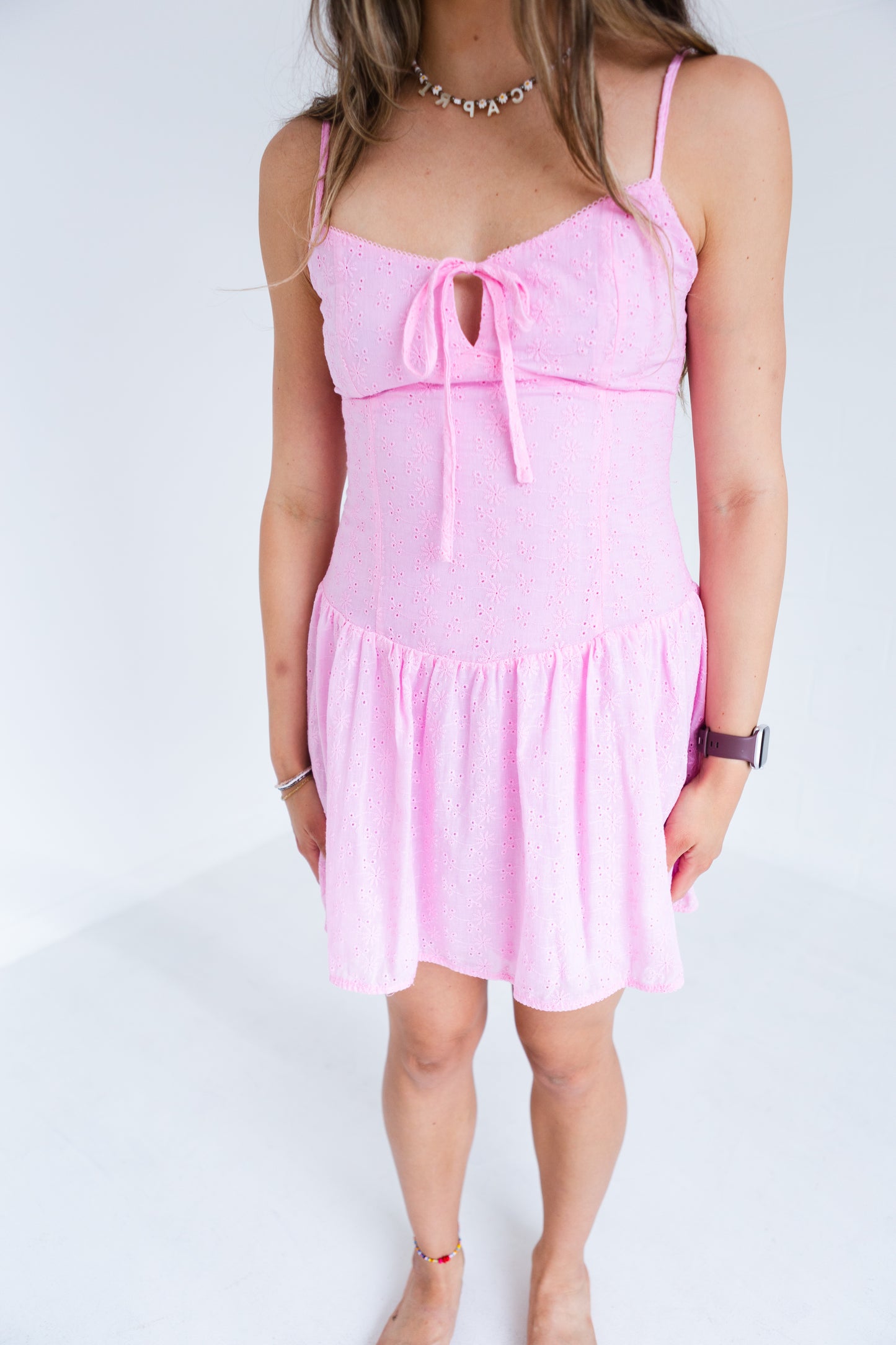 Pink Drop Waist Lace Trim Detail Mini Dress