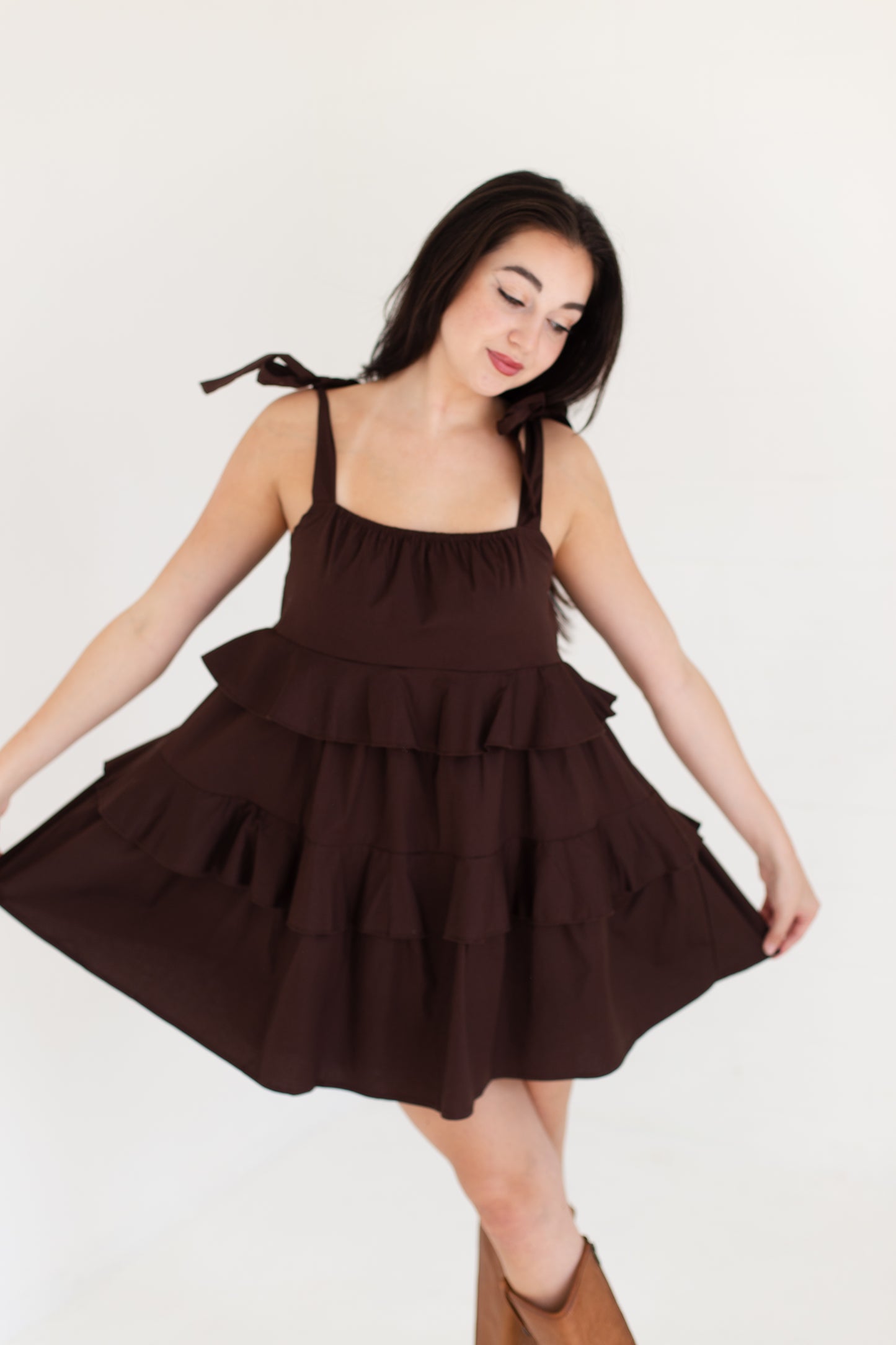 Dark Brown Ruffle Detail Flowing Sleeveless Mini Dress
