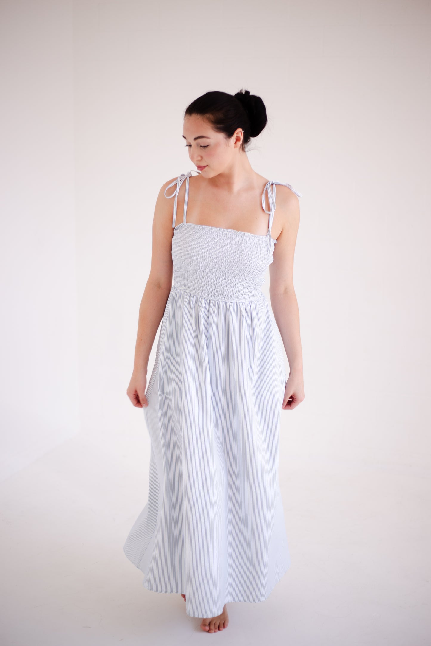Blue & White Striped Self Tie Shoulder Straps Maxi Dress
