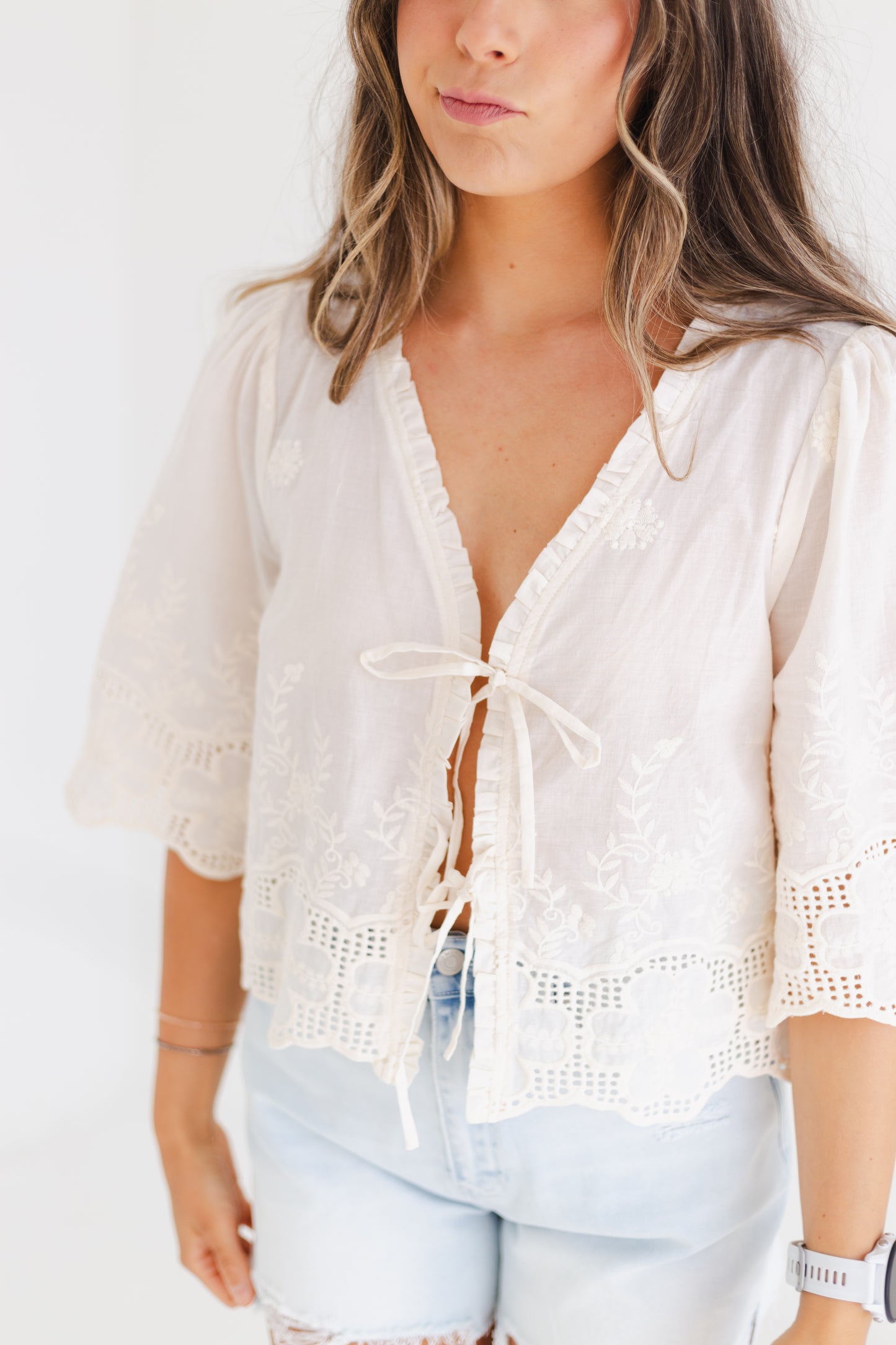 Ivory Floral Embroidery Tie Front Blouse