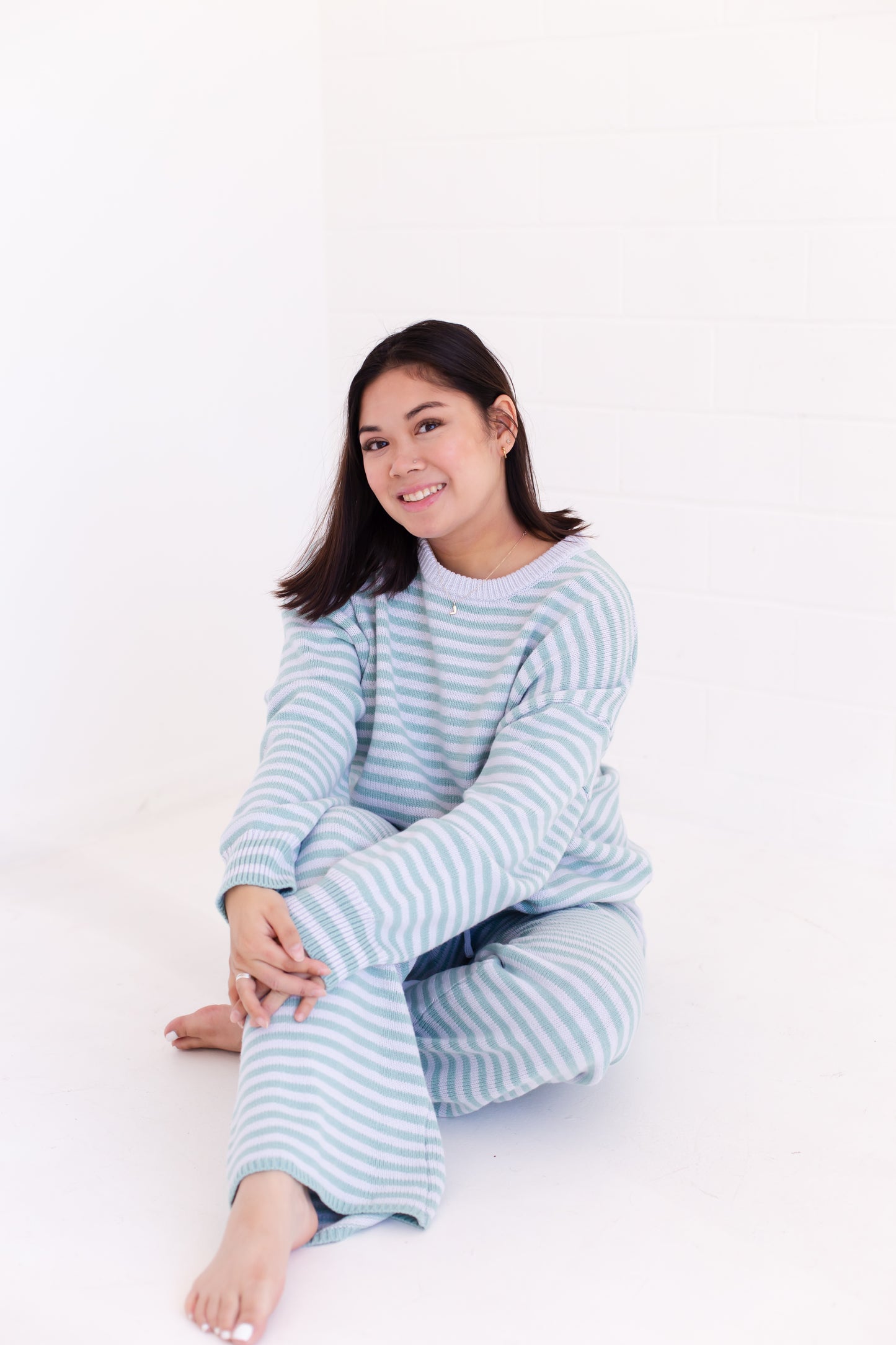 Long Sleeve Crew Neck Stripe Sweater With Wide Leg Pants