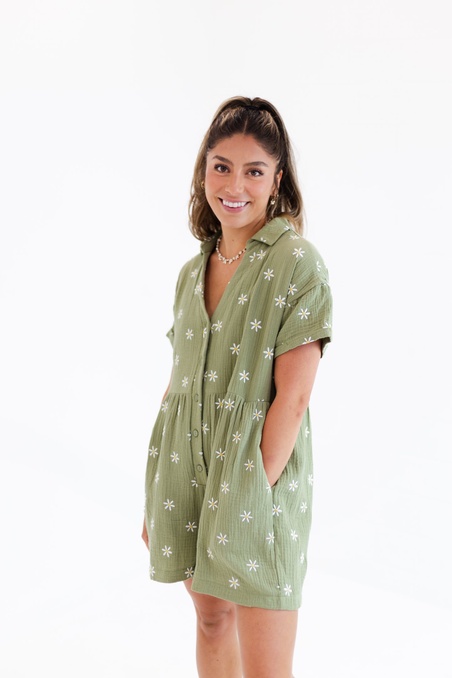 Olive Button Up Floral Romper