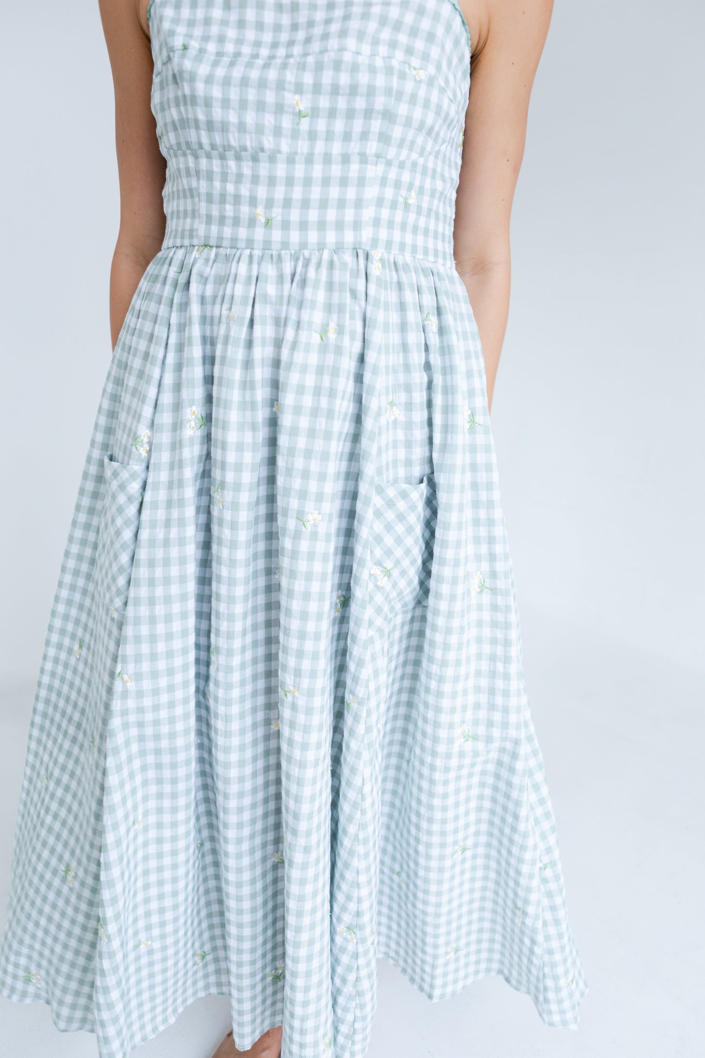 Green Gingham Floral Embroidered Midi Dress