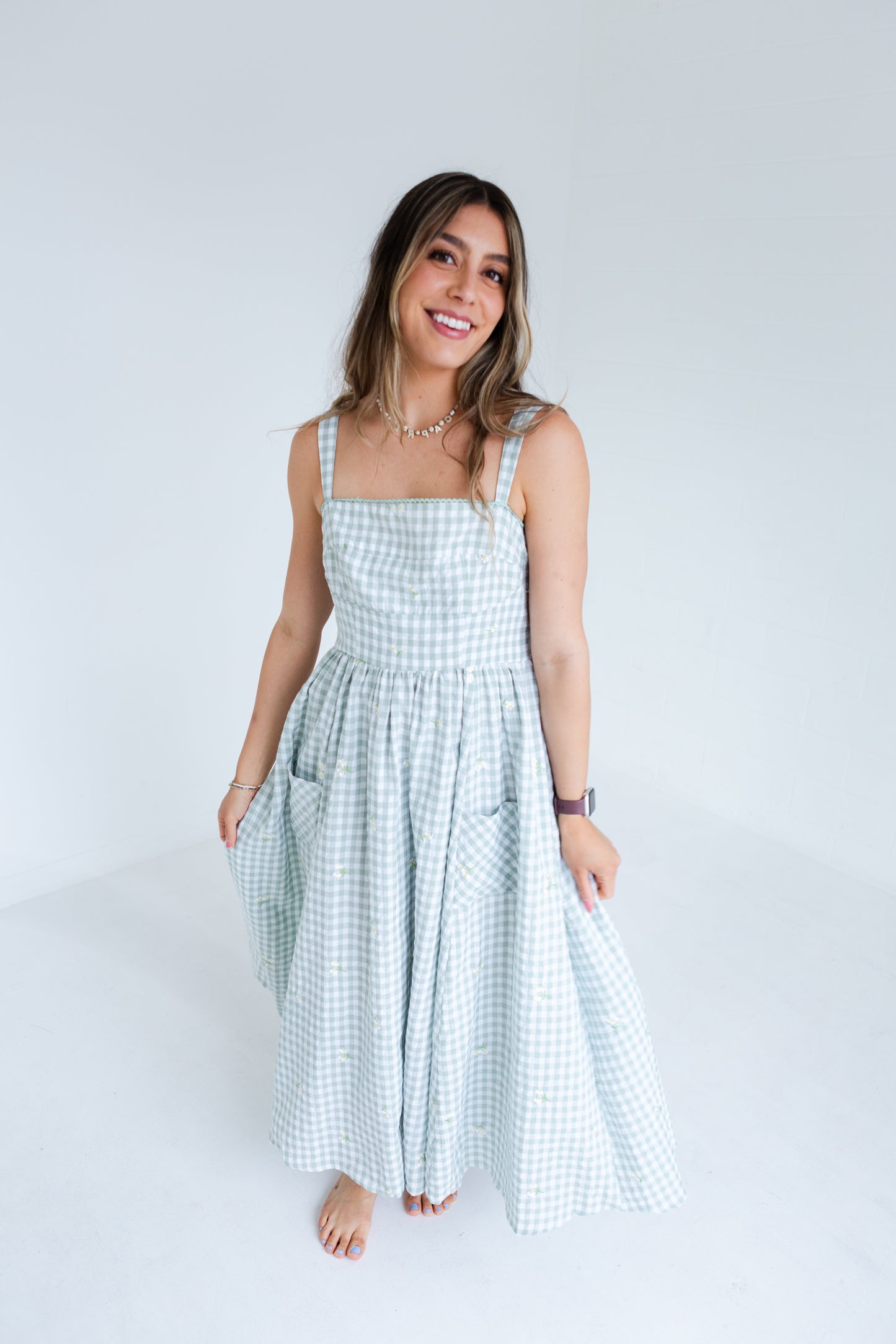 Green Gingham Floral Embroidered Midi Dress