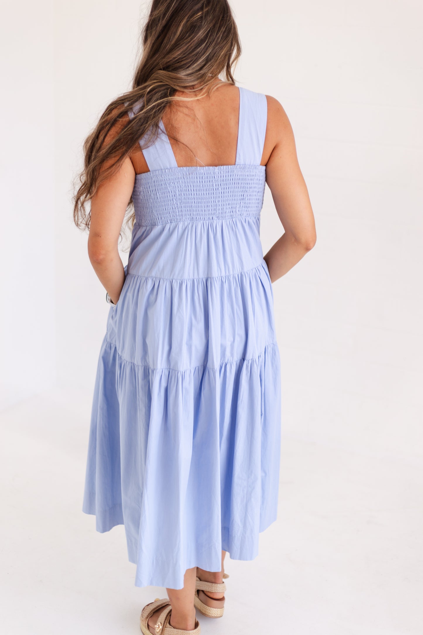 Cloud White Embrodiered Tiered Midi Dress