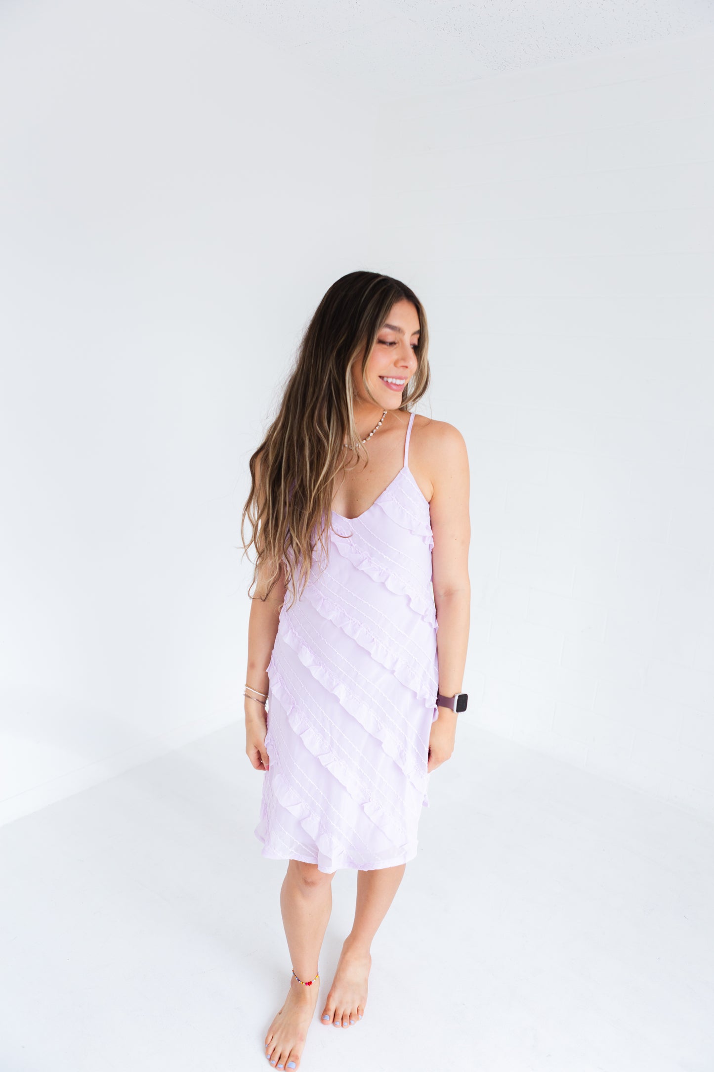 Pale Lilac Textured Bias Cut Ruffled Mini Dress