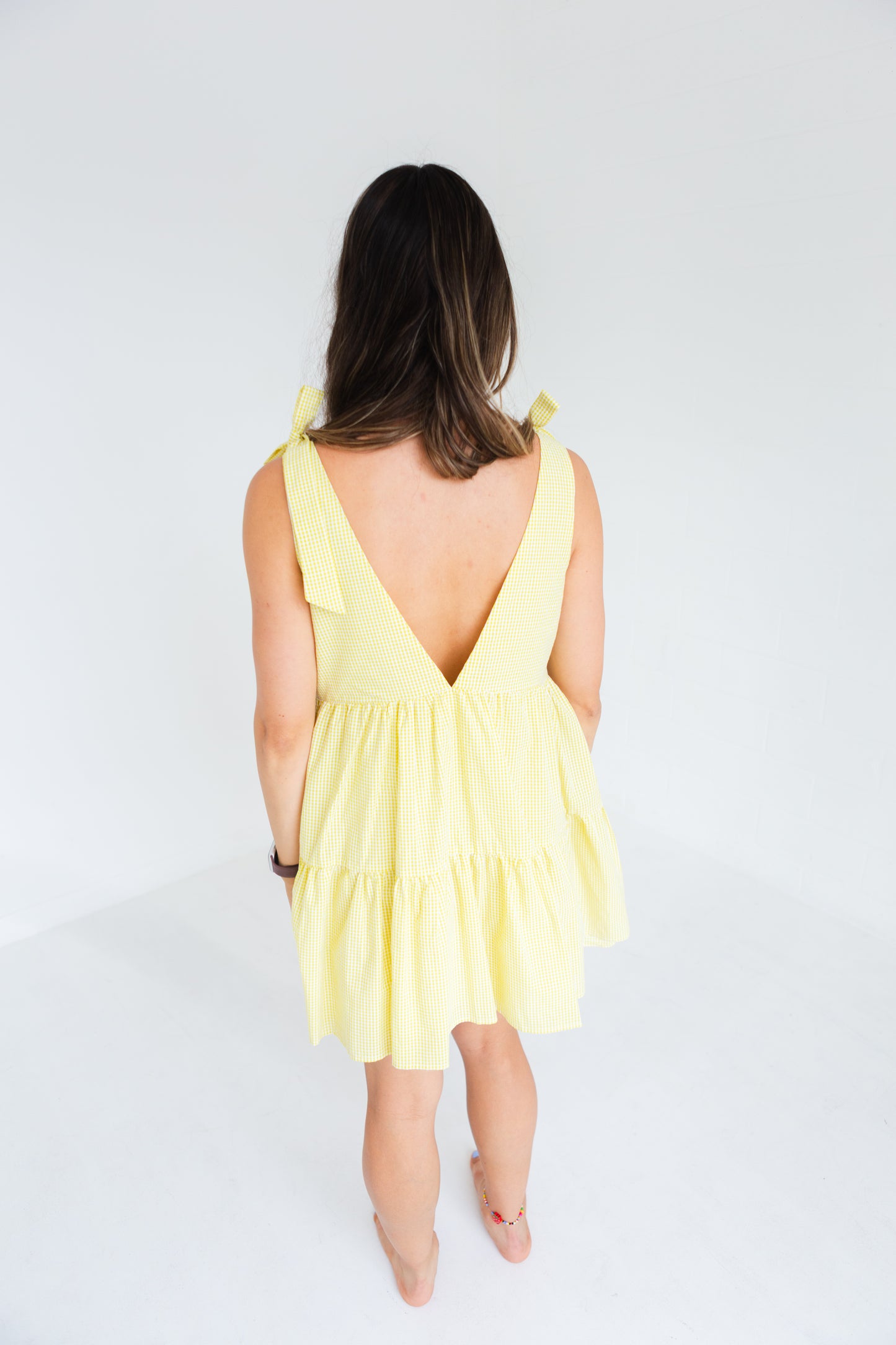 Yellow & White Gingham Tie Shoulder Strap Tiered Gingham Mini Dress