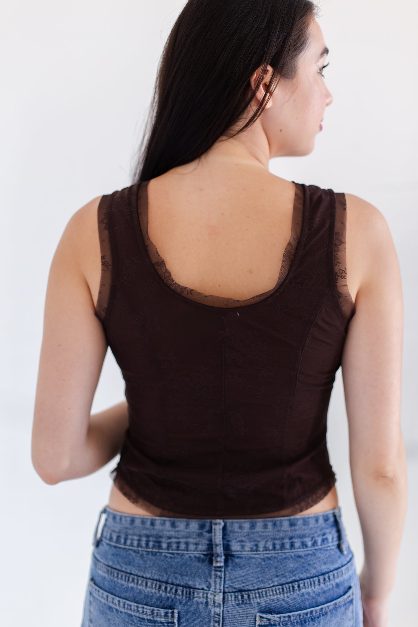 Chocolate Mesh Lace Button Down Sleeveless Top