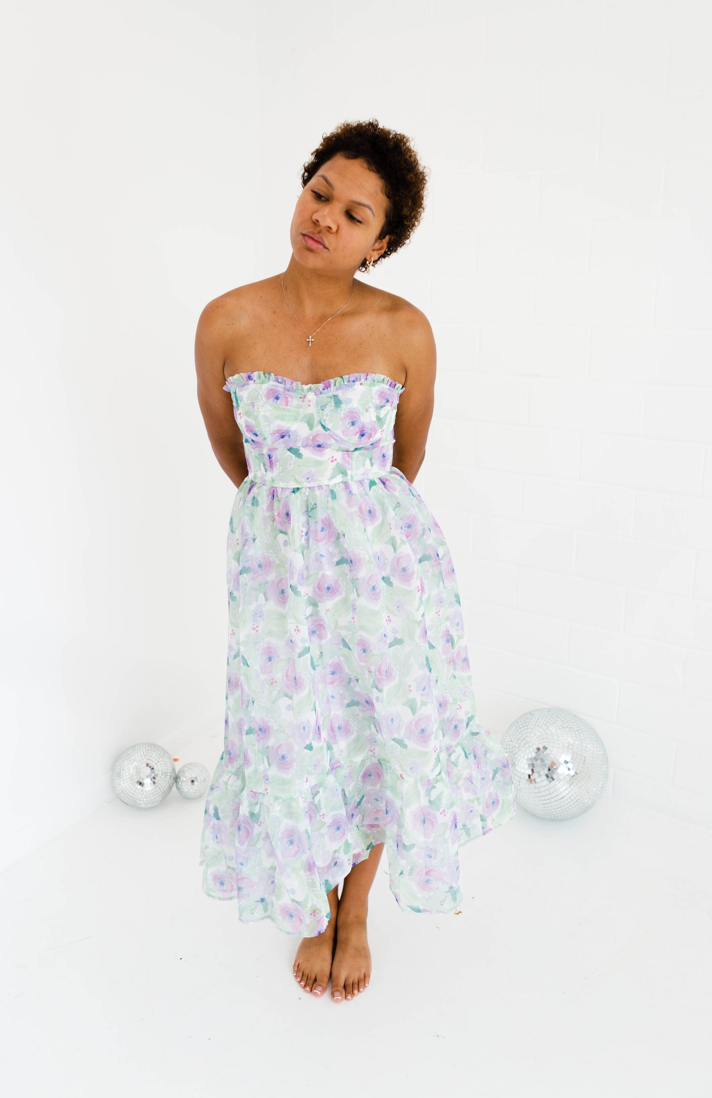 Pastel Floral Print Strapless Midi Dress