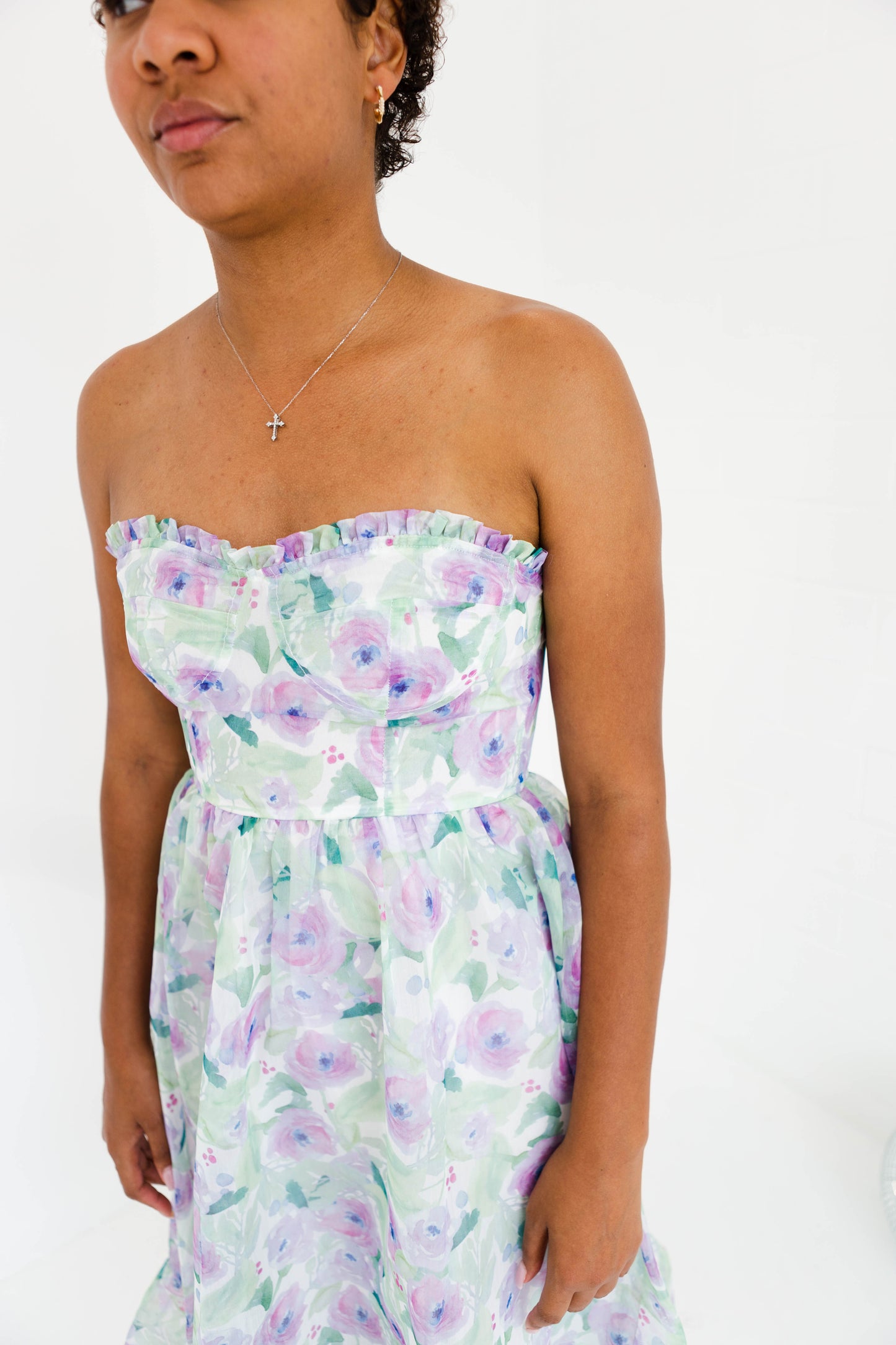 Pastel Floral Print Strapless Midi Dress