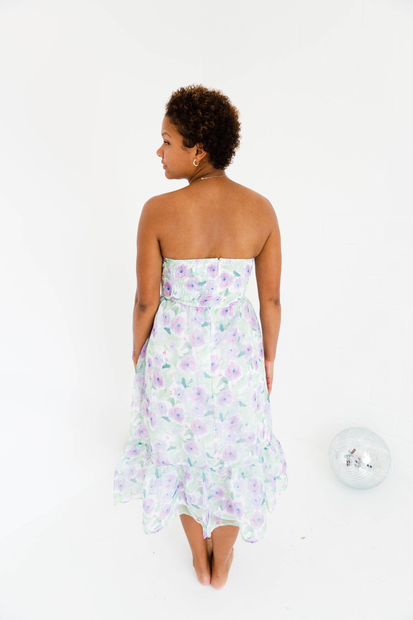 Pastel Floral Print Strapless Midi Dress