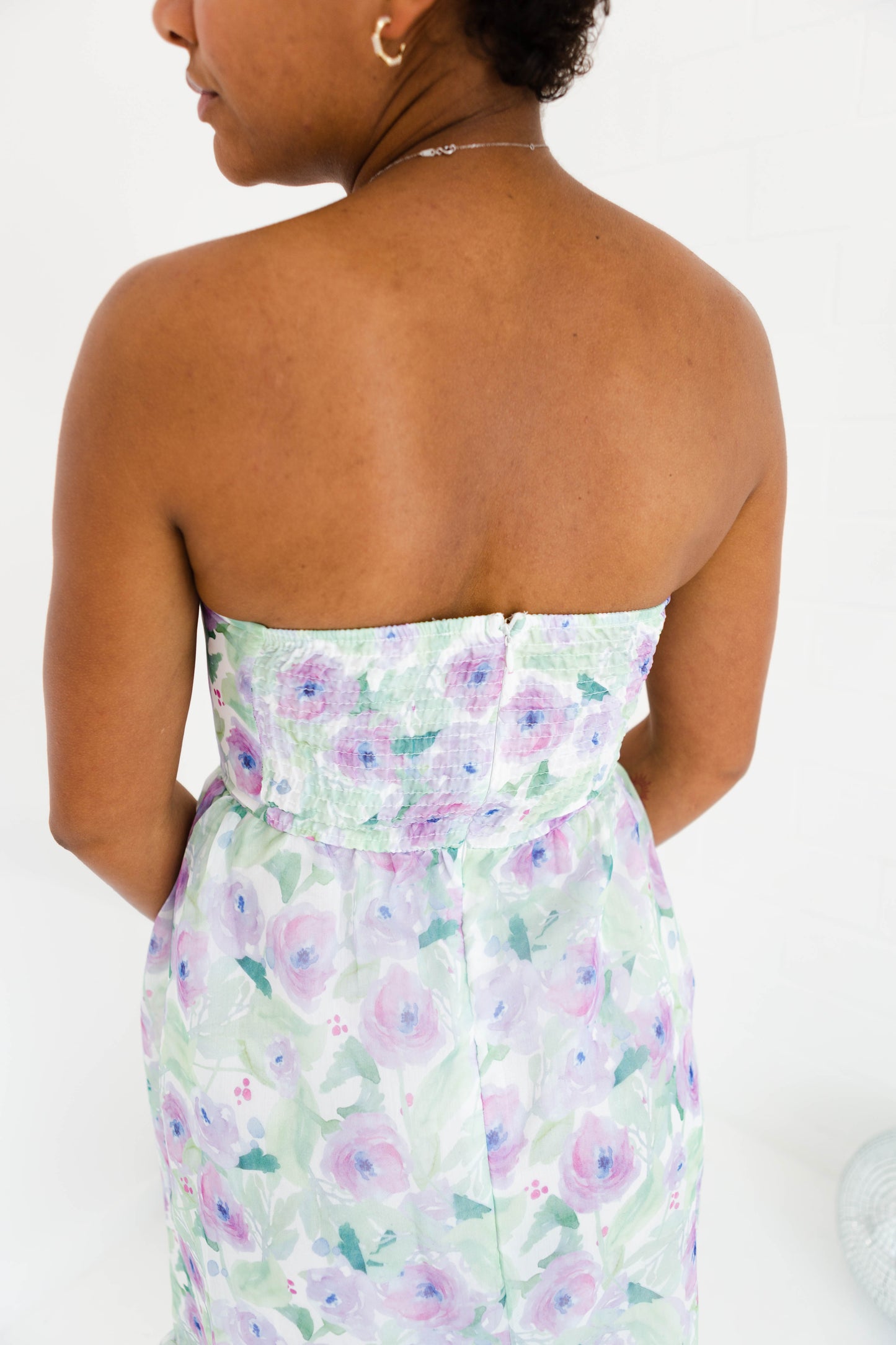 Pastel Floral Print Strapless Midi Dress