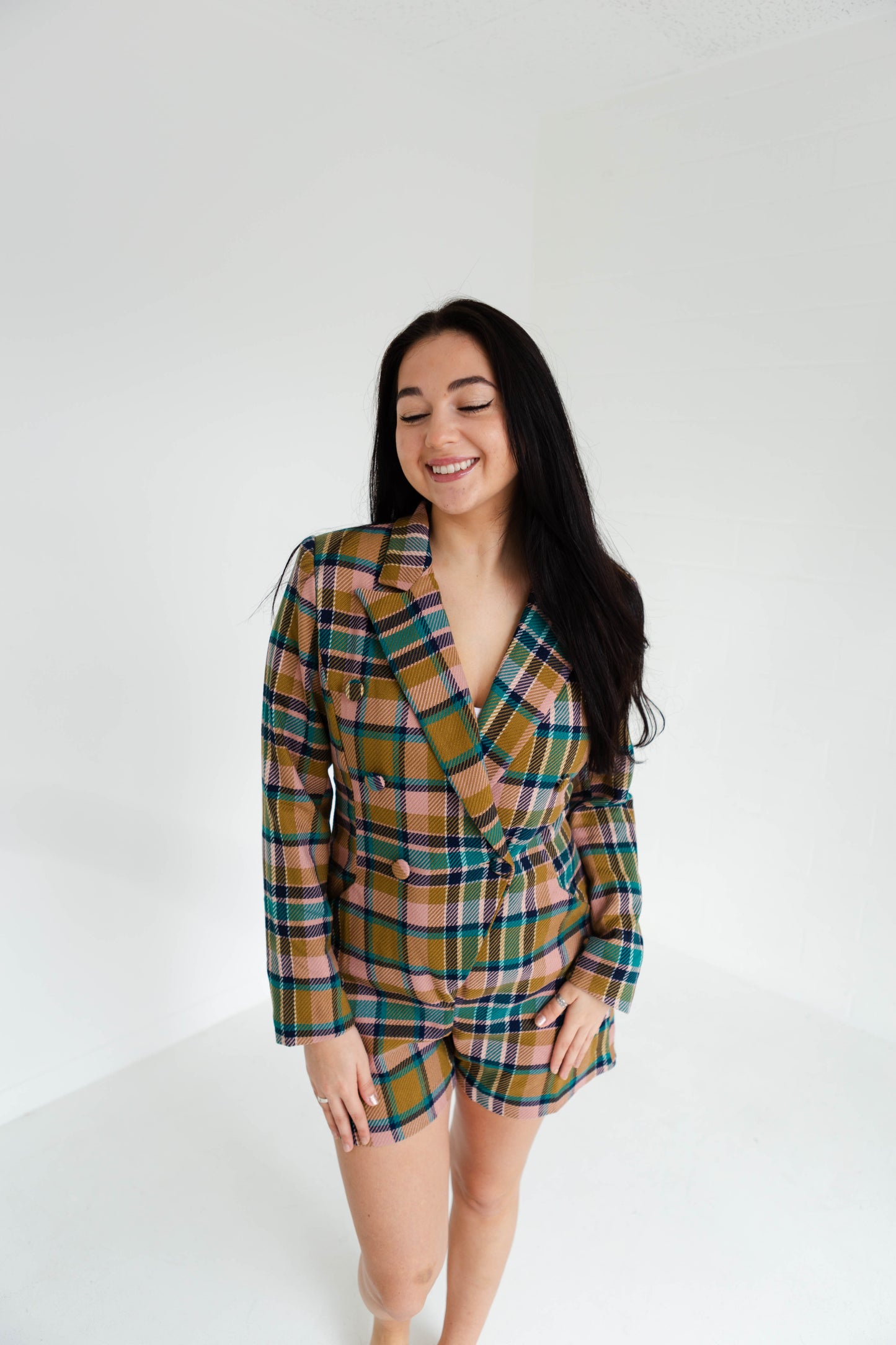 Multi Colored Plaid Blazer Romper