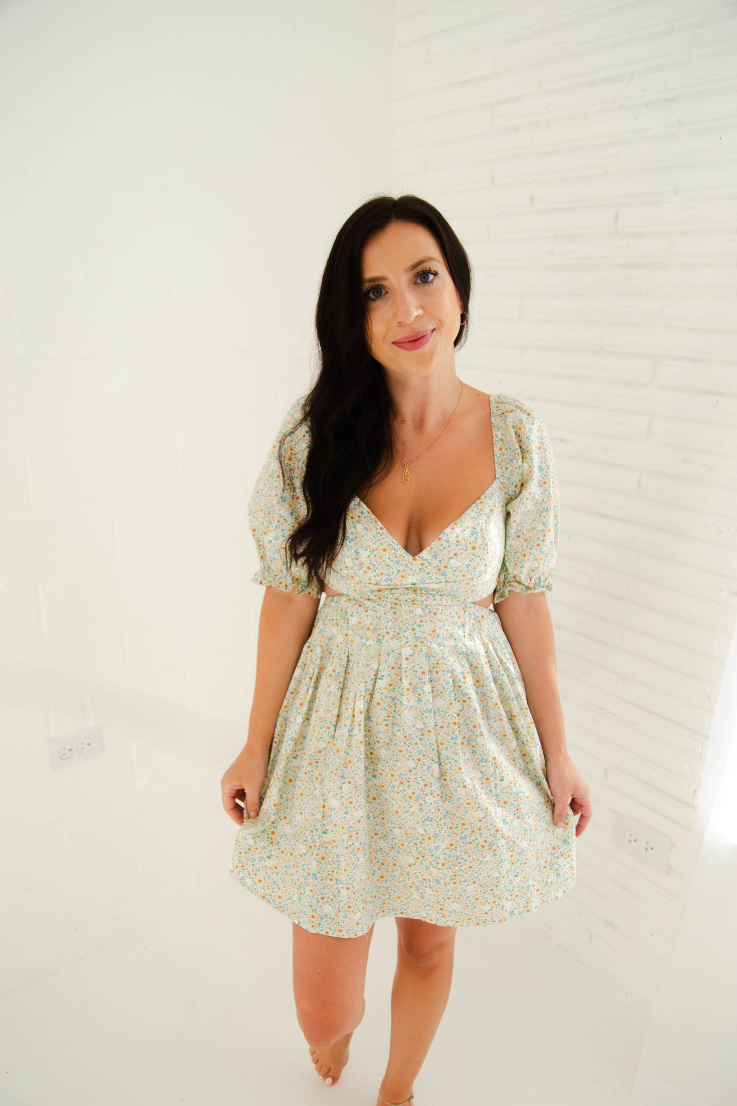 Green Floral Lace Up Mini Dress