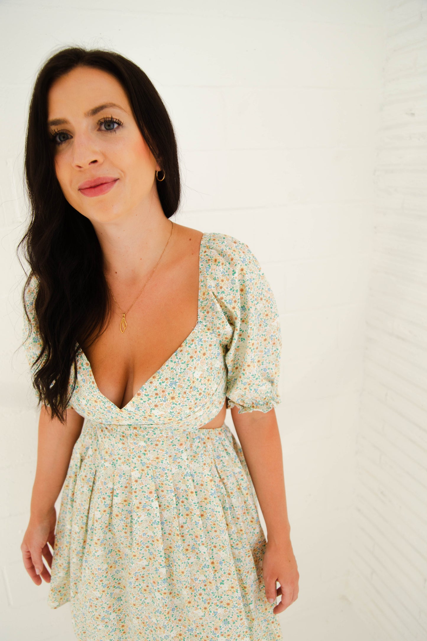 Green Floral Lace Up Mini Dress