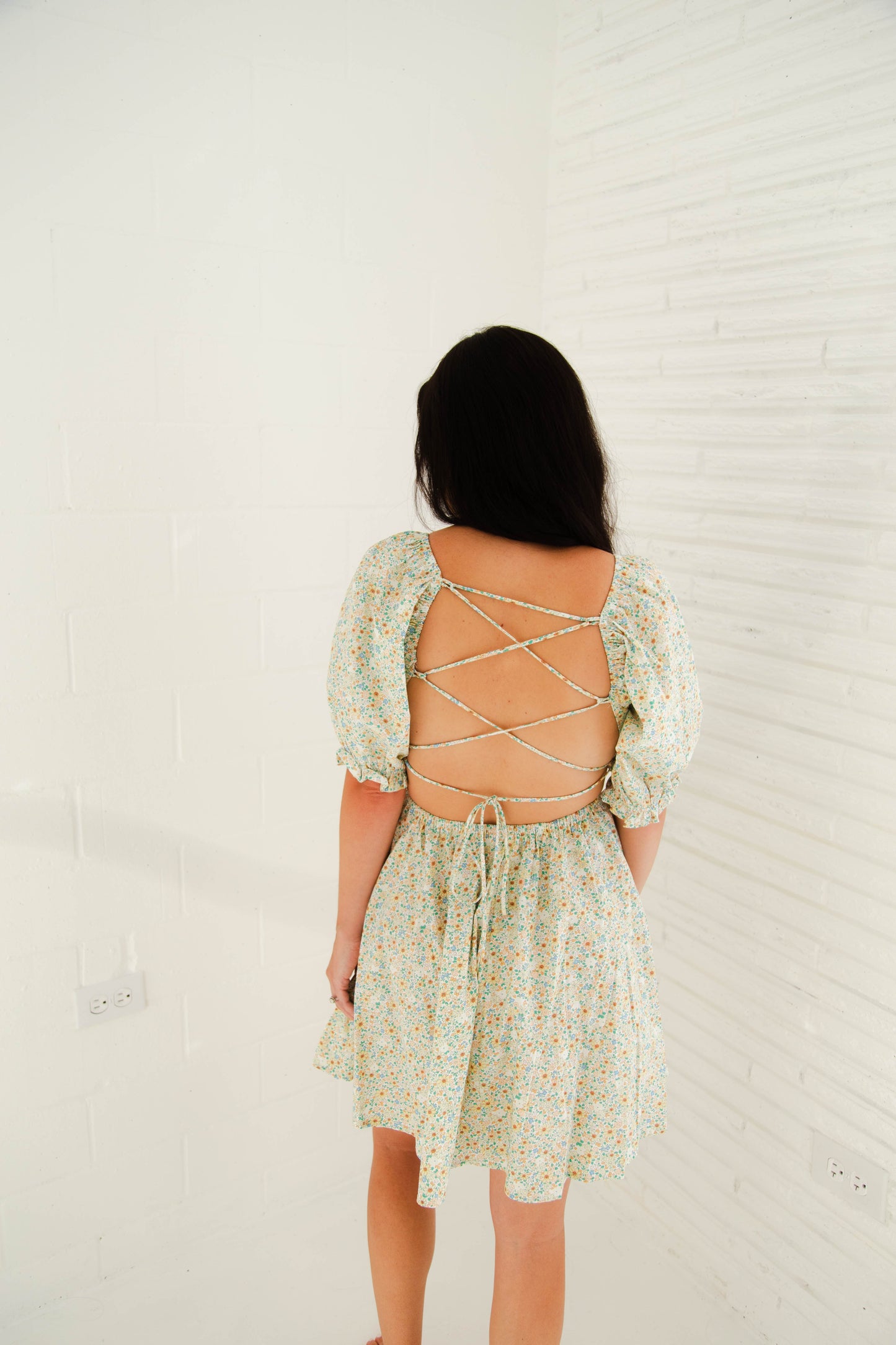 Green Floral Lace Up Mini Dress