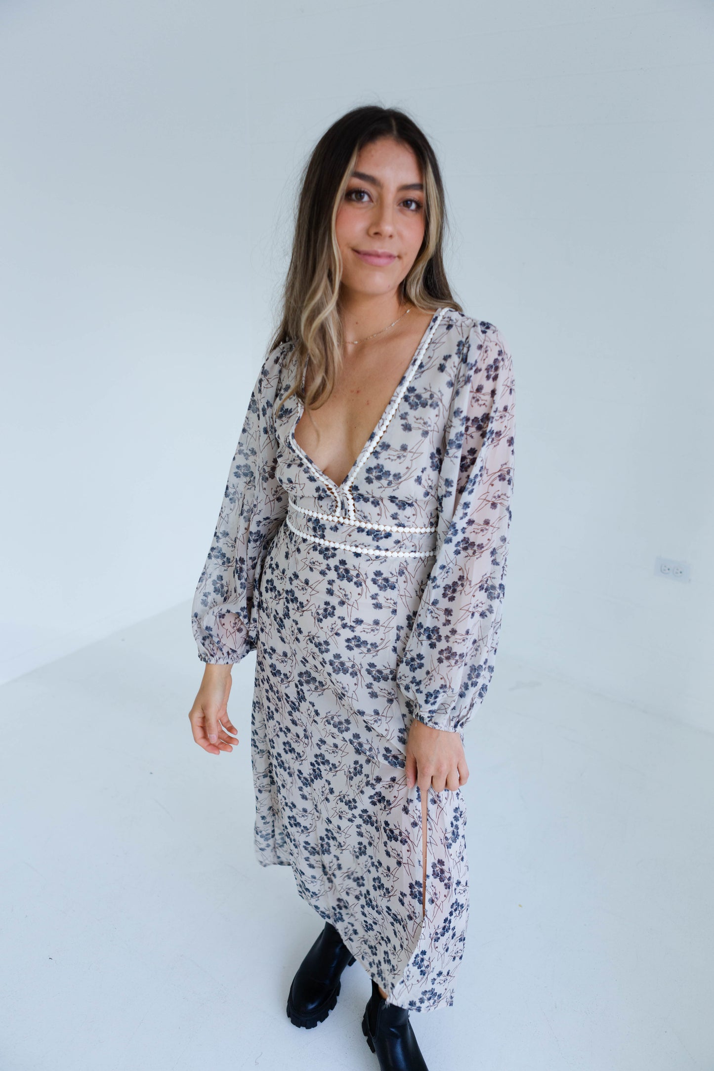 Wheat Floral Long Sleeve Midi Dress