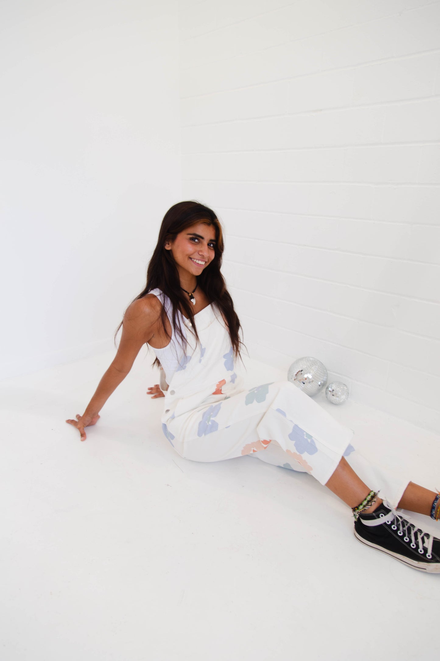 White Floral Stamped Overalls