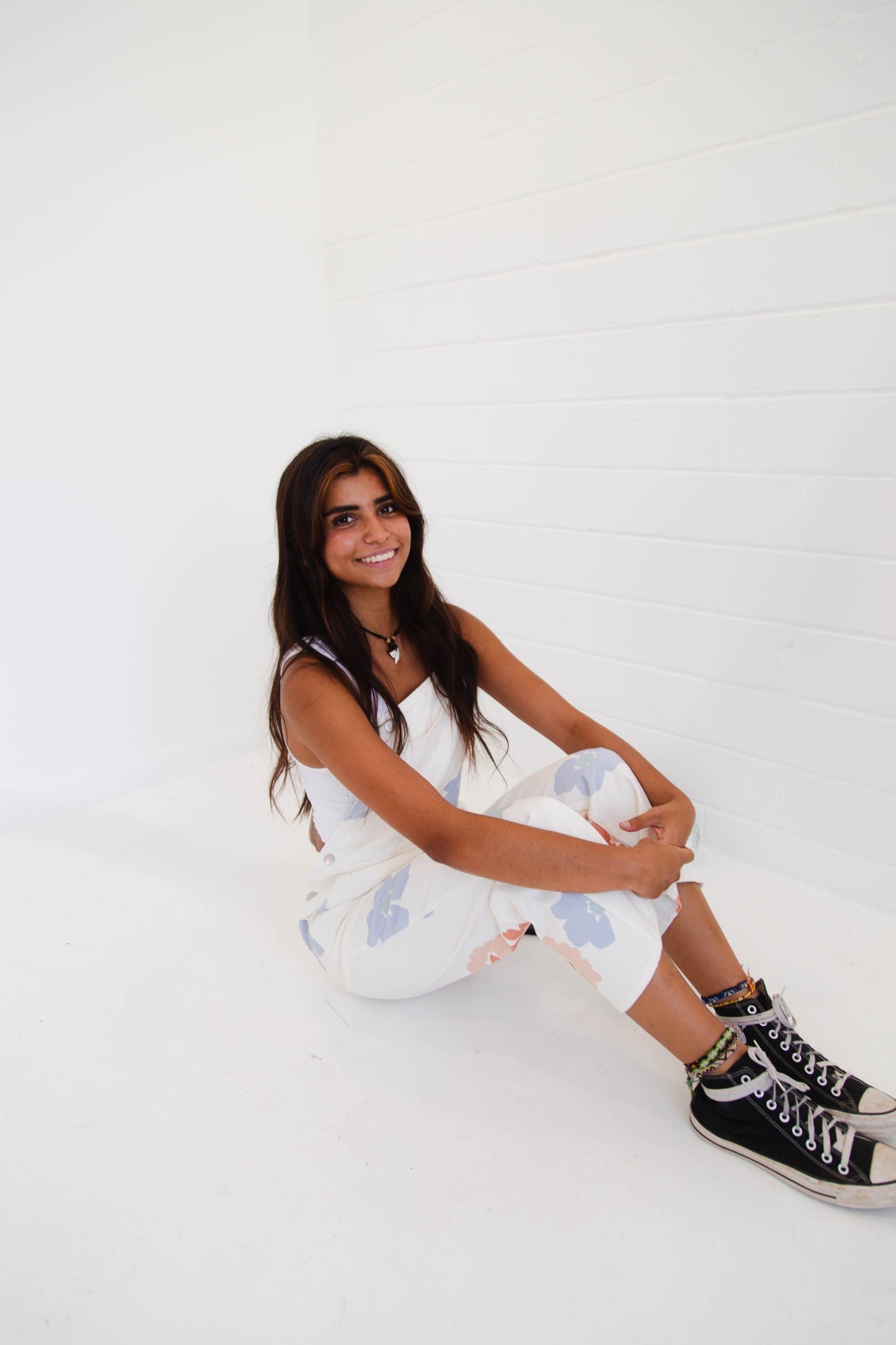 White Floral Stamped Overalls