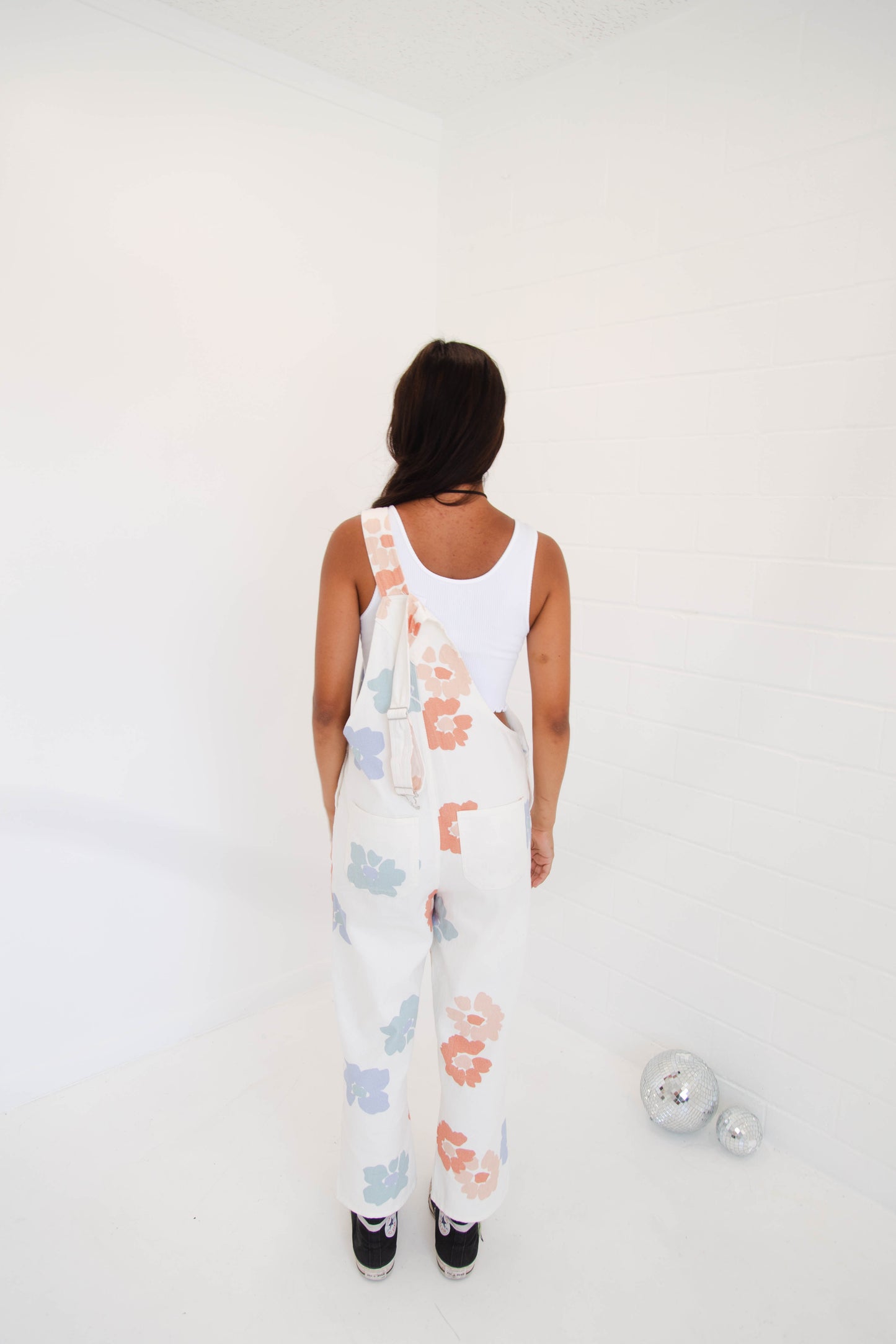 White Floral Stamped Overalls