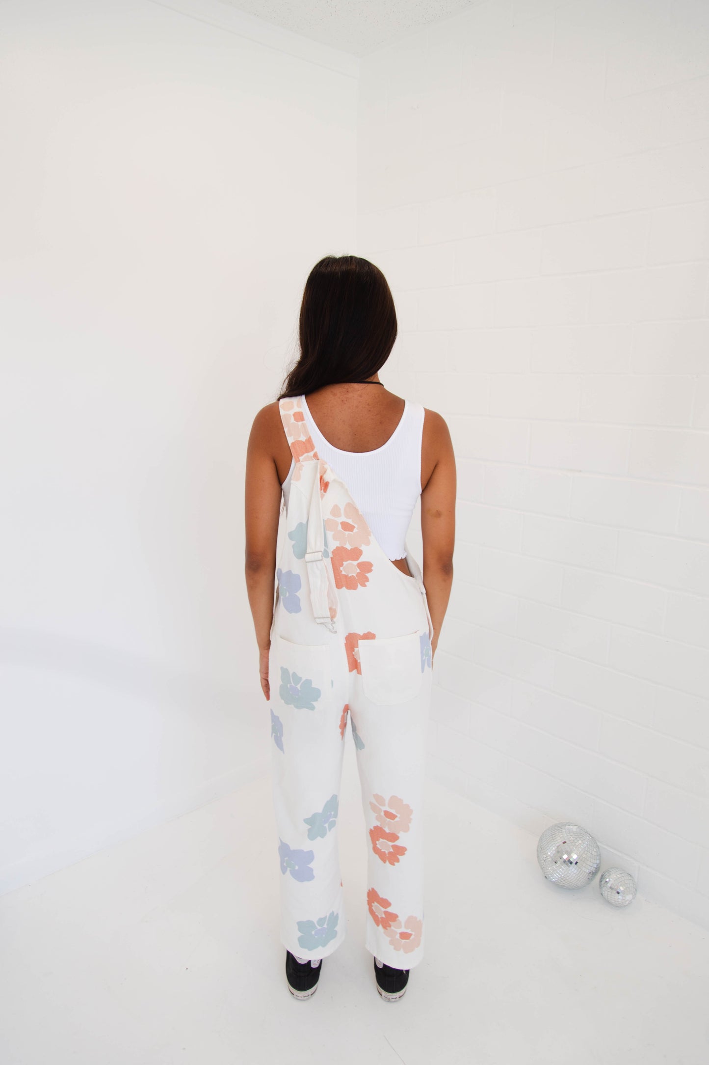 White Floral Stamped Overalls