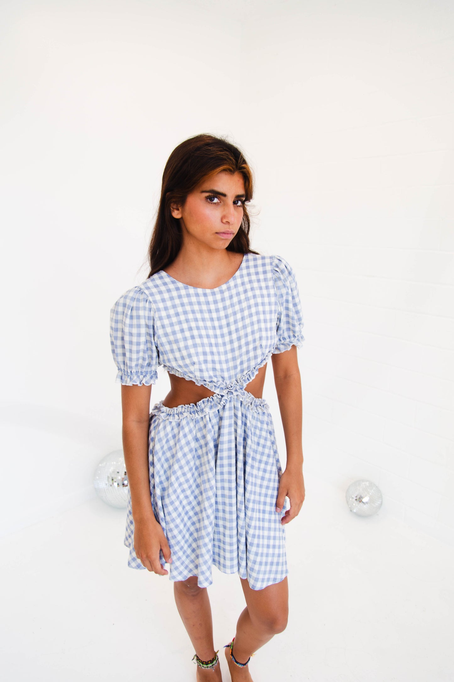 Blue Gingham Cut Out Waist Dress