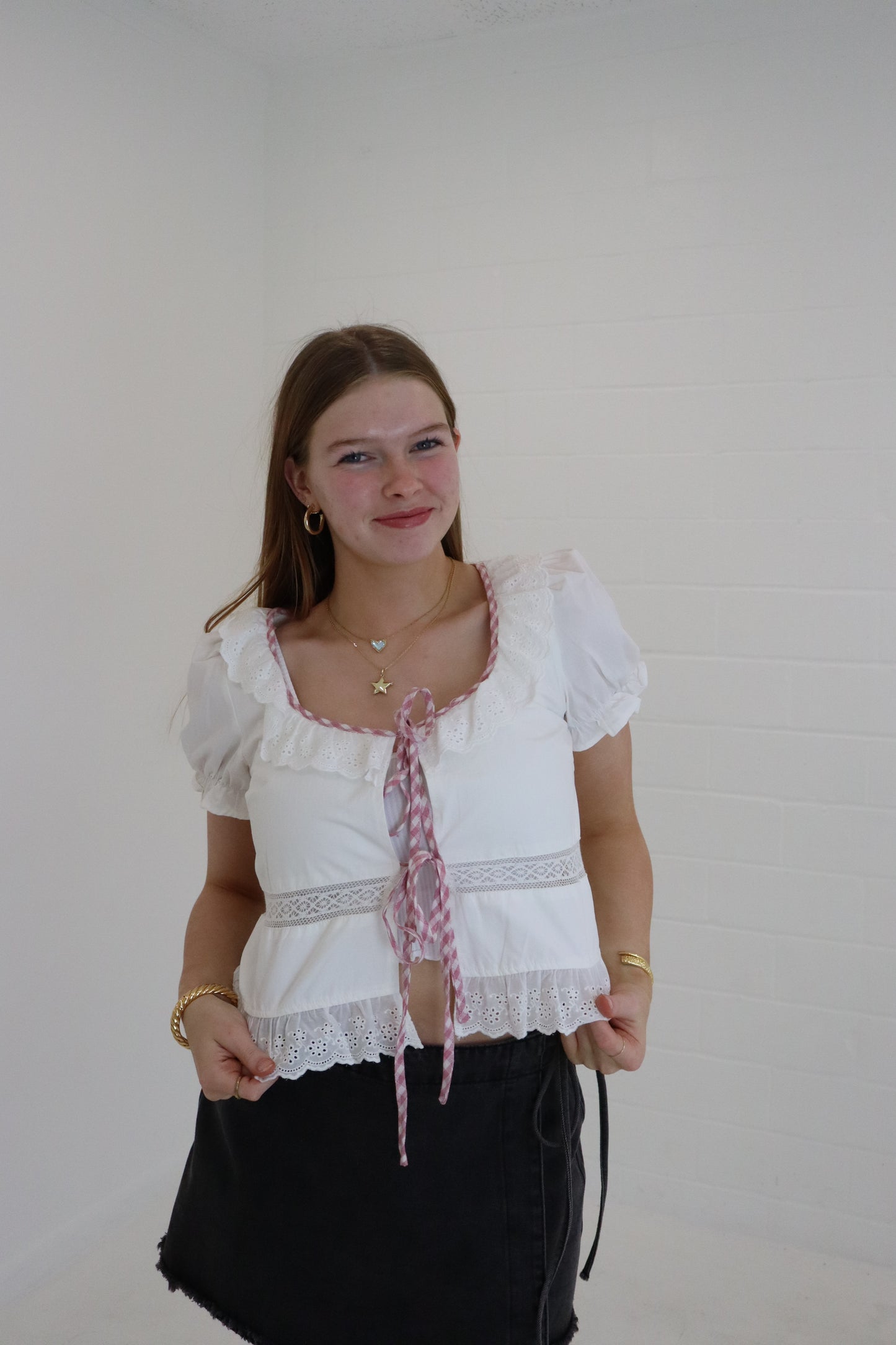 White Embroidered Tie Front Blouse